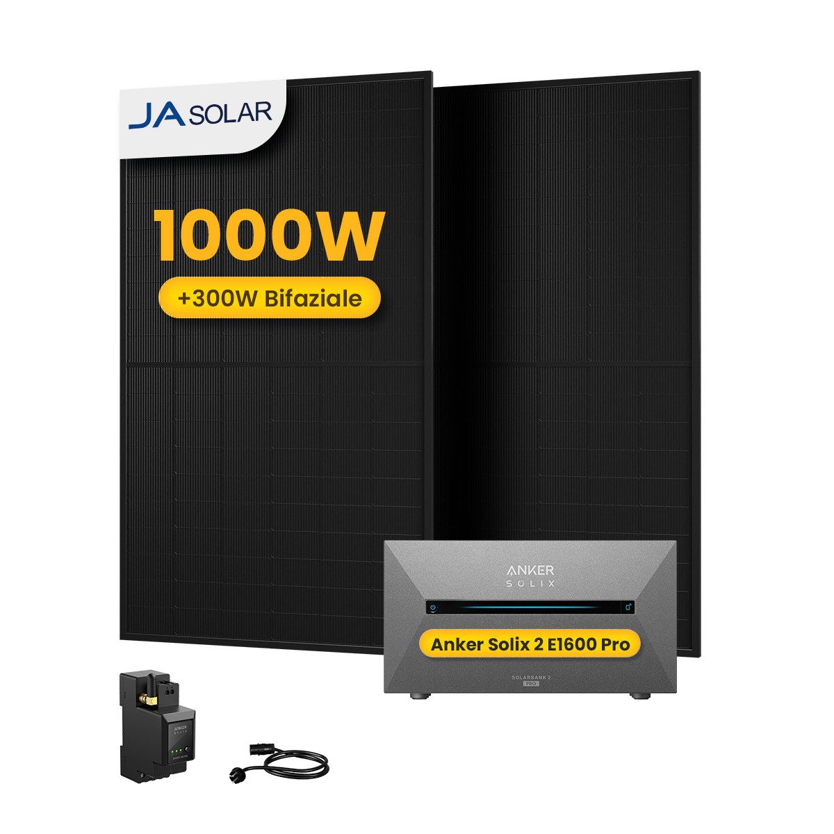 Anker Balkonkraftwerk 1000W Solaranlage Anker Solix Solarbank 2 E1600 Pro Speicher, (2x JA Solar 500Wp Paneele und Smart Meter im Lieferumfang enthalten), Speicher mit integriertem Wechselrichter, All-in-One 1600 Wh Akku