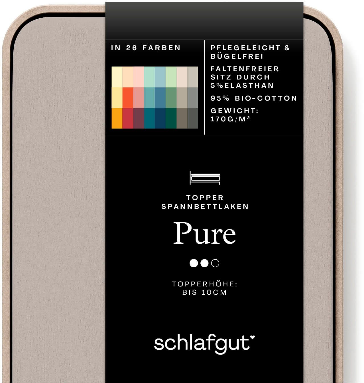 Schlafgut Spannbettlaken PURE TOPPER Bio-Baumwolle mit Elasthan 170 g/m² für Topper bis 10 cm, Jersey-Elasthan, Gummizug: rundum, (1 Stück), PREMIUM Laken für Matratzen bis 10 cm Höhe, dehnbar, blickdicht