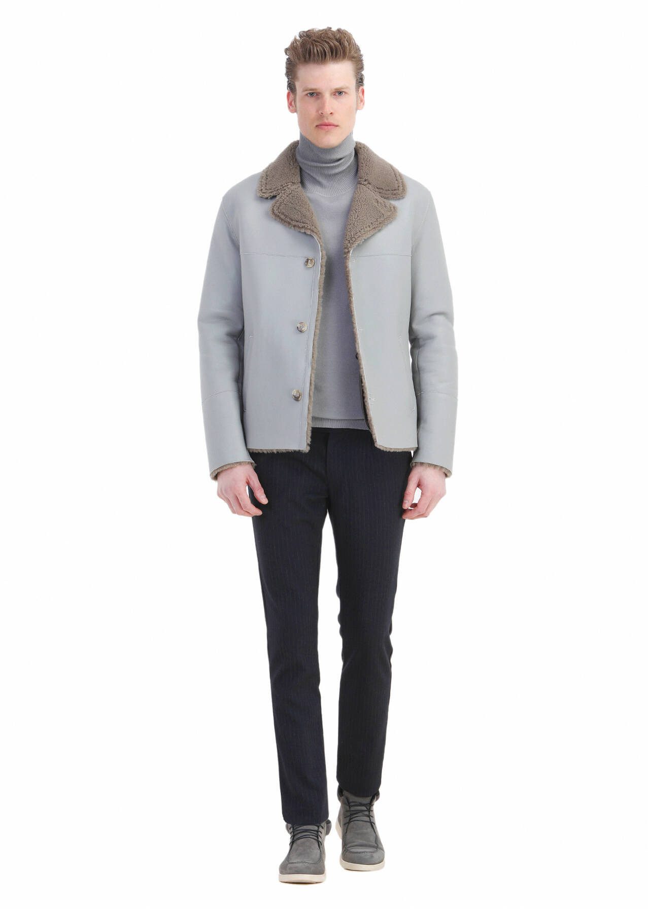 RAMSEY Winterjacke Grauer Pelz Leder Mantel günstig online kaufen