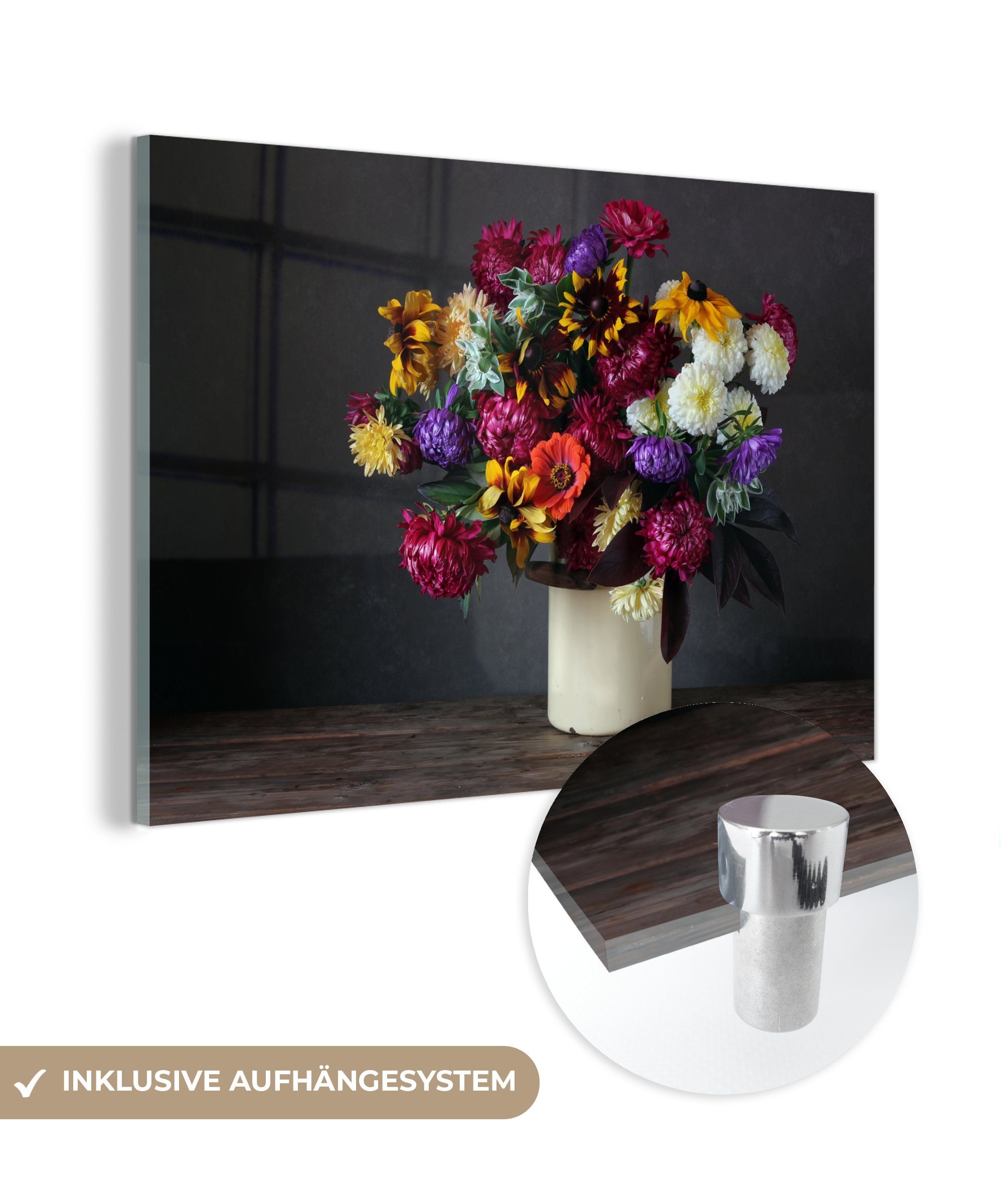 MuchoWow Acrylglasbild Blumenstrauß - Farben - Stilleben, (1 St), Glasbilder - Bilder auf Glas Wandbild - Foto auf Glas - Wanddekoration | Bilder