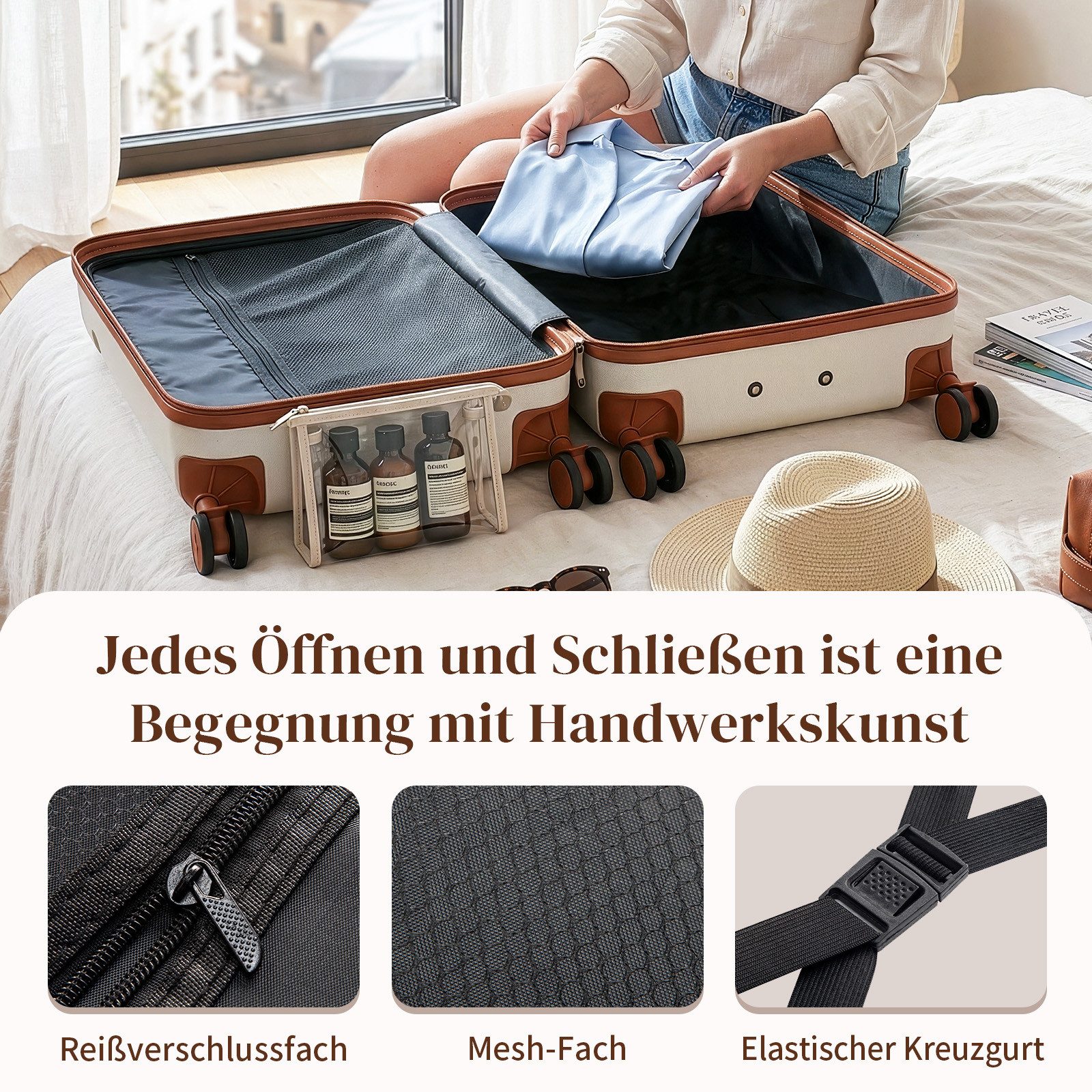 LALAHO Trolleyset Kofferset Hartschalenkoffer Trolley 360° Rollen, 4 Rollen, (3 tlg), Reisekoffer Set mit Handgepäck, Koffer & Trolleys, Beige