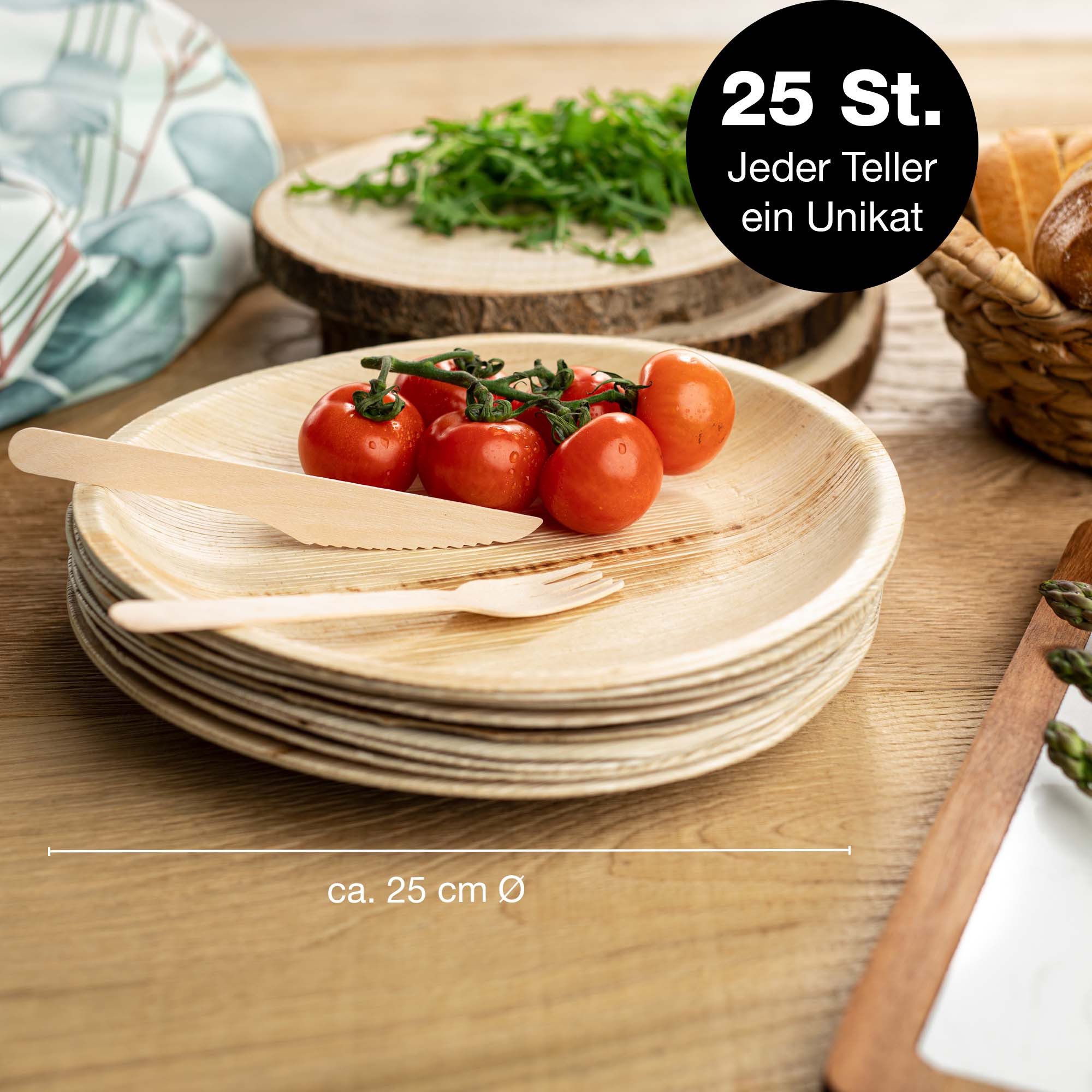 Moritz & Moritz Einweggeschirr-Set 75tlg Palmblatt Geschirrset Rund 25cm (75-tlg), 25 Personen, Palmblatt, Birkenholz, 25x25cm