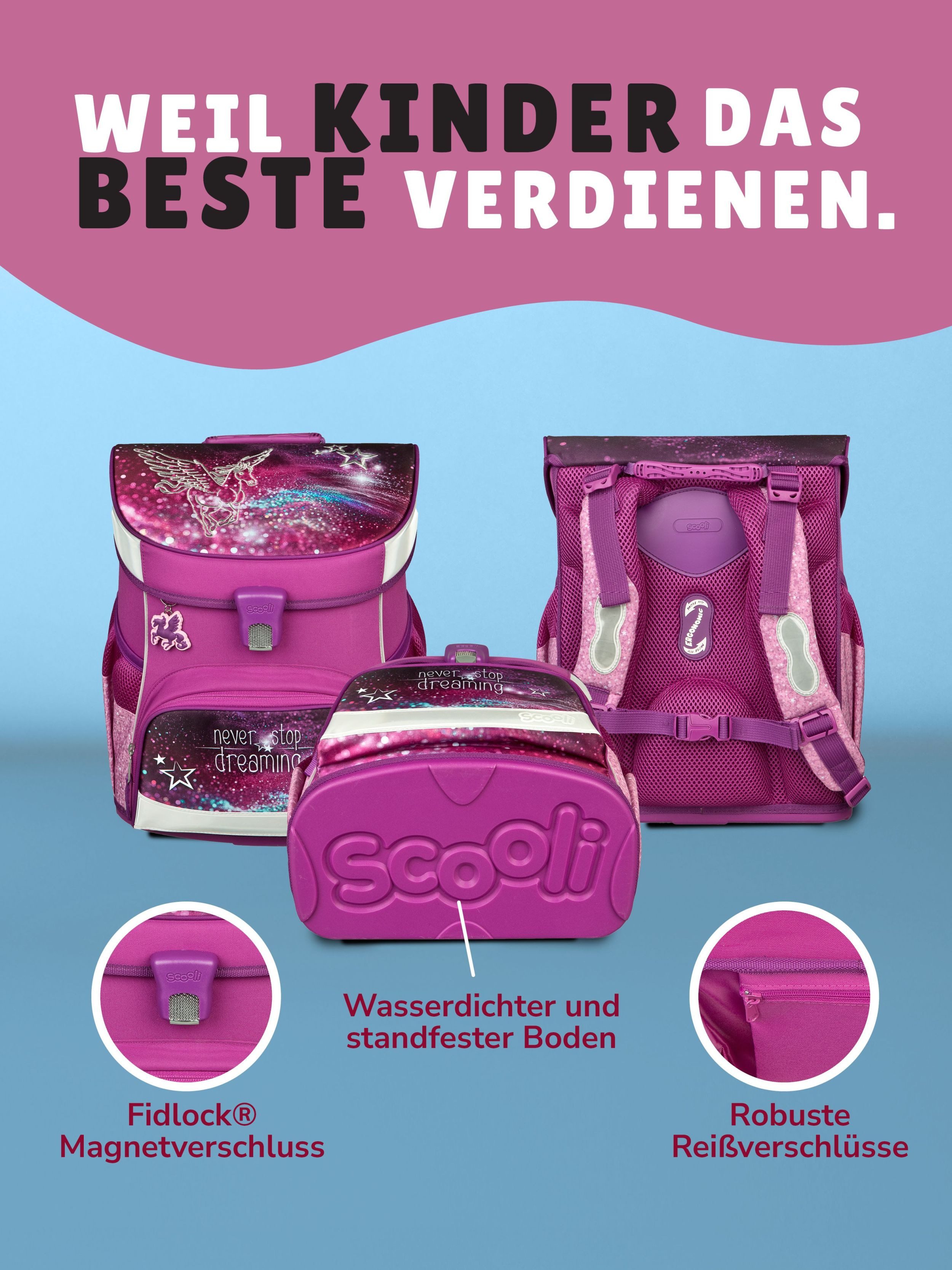 Scooli Schulranzen CampusFit Schultasche ab der 1. Klasse, Grundschule, Motiv für Mädchen (Set, 5-tlg., inkl. Federmappe), 980 Gramm; mit Brustgurt; 18L Volumen; Lila/Violett mit PEGASUS Pferd