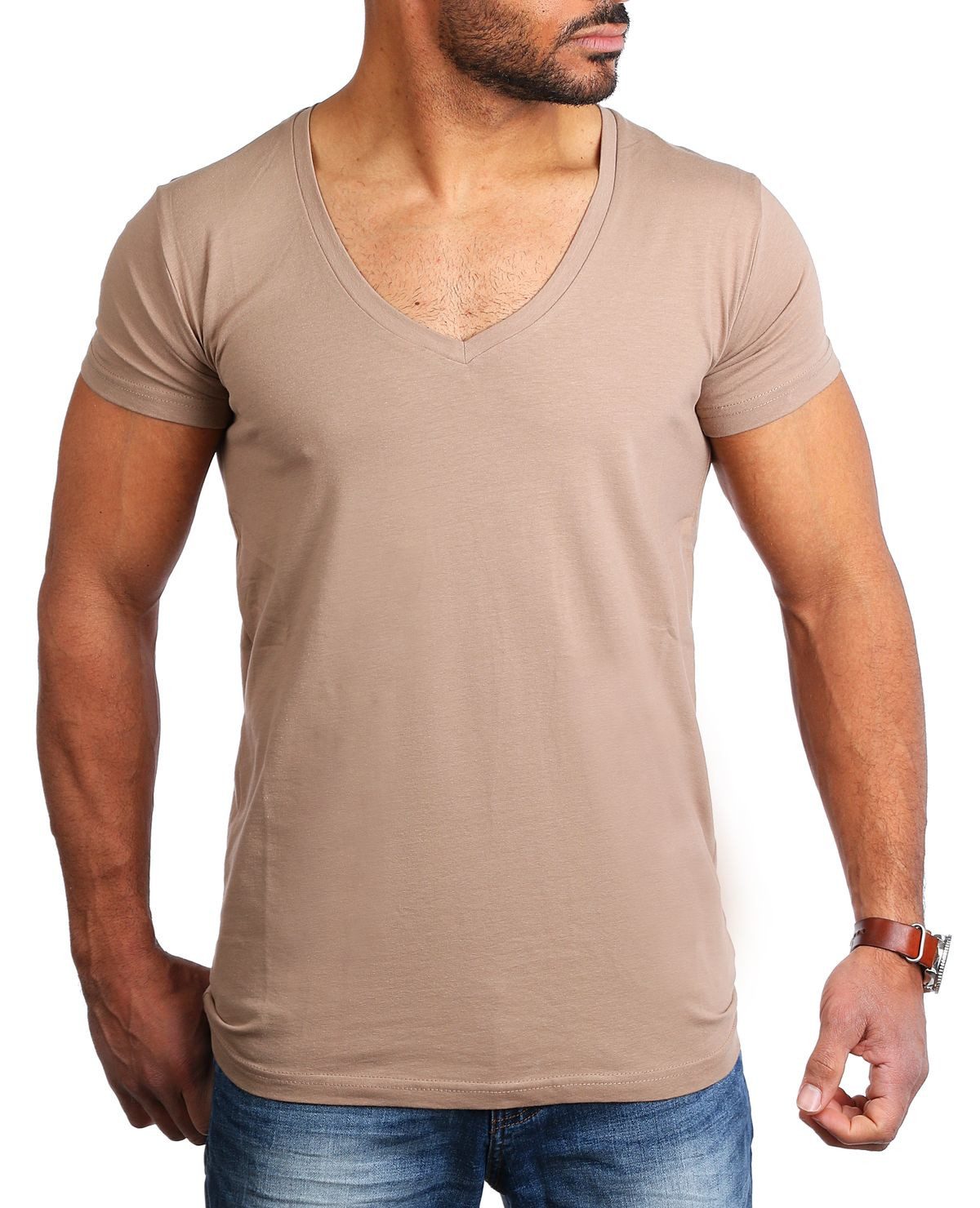 Young & Rich T-Shirt Herren Uni Basic extra tiefer Ausschnitt Unterziehshirt 1315 V-Ausschnitt unifarben kurzarm slim fit