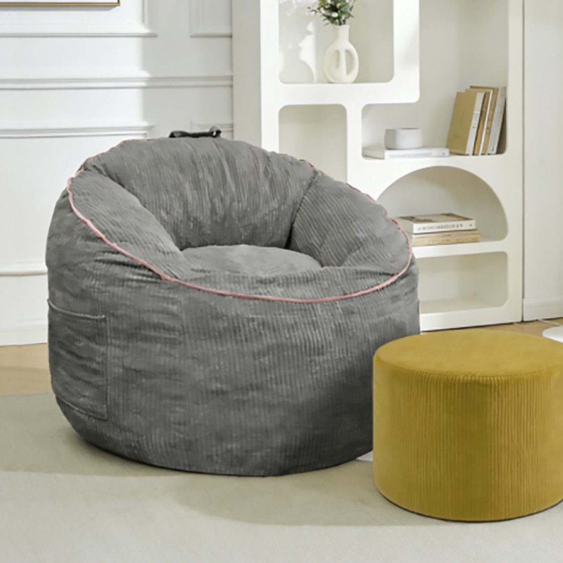 REDOM Sofa Sitzsack ergonomisch geformt,Einzelsofa, Ergonomischer Sitzsack Sessel mit gebogener Form, abnehmbarer Aufbewahrungstasche und passendem Zylinder-Hocker