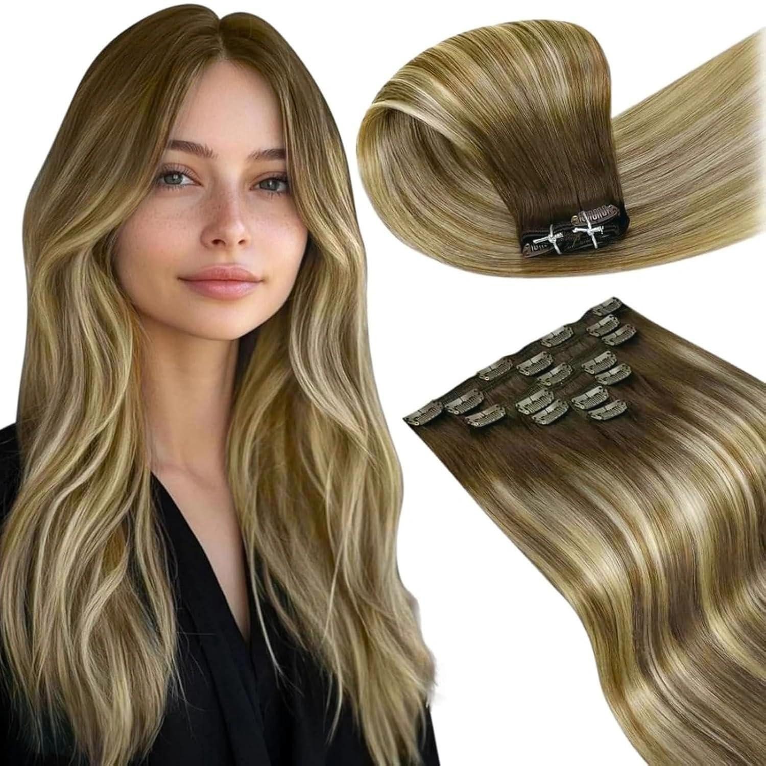 Echthaar-Extension Clip in Extensions Echthaar Remy Ombre Balayage 55cm-7PCS 4.5#3 8 24