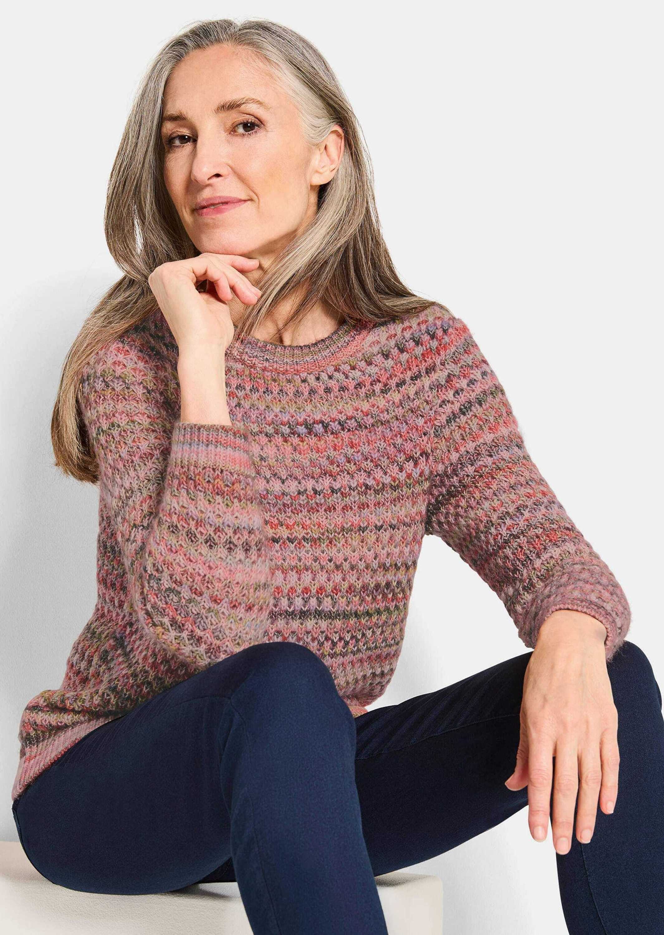 GOLDNER Strickpullover Baumwoll-Pullover in Multicolor Hüftumspielender Pullover mit U-Boot-Ausschnitt, Langarm