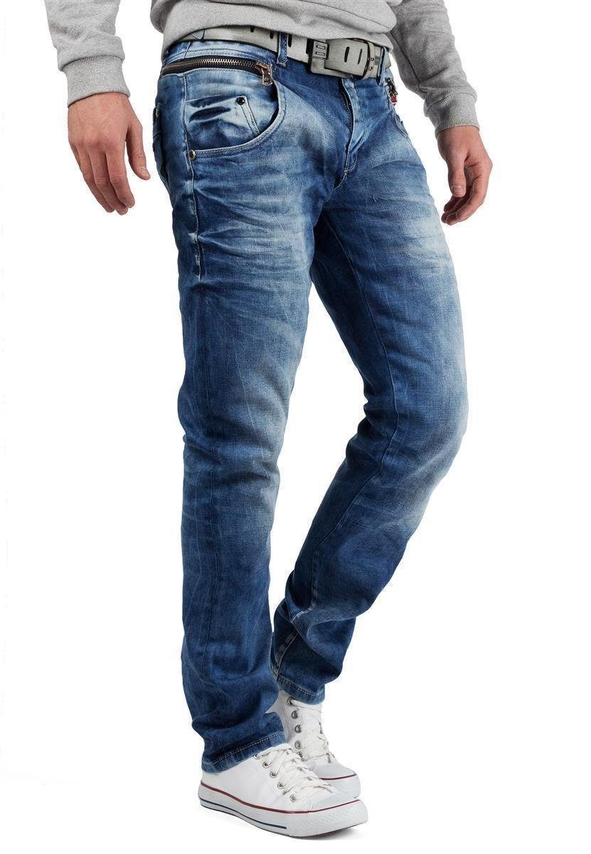 und Cipo Zipper Baxx Herren Stonewashed mit roten BA-CD394 Hose & Slim-fit-Jeans