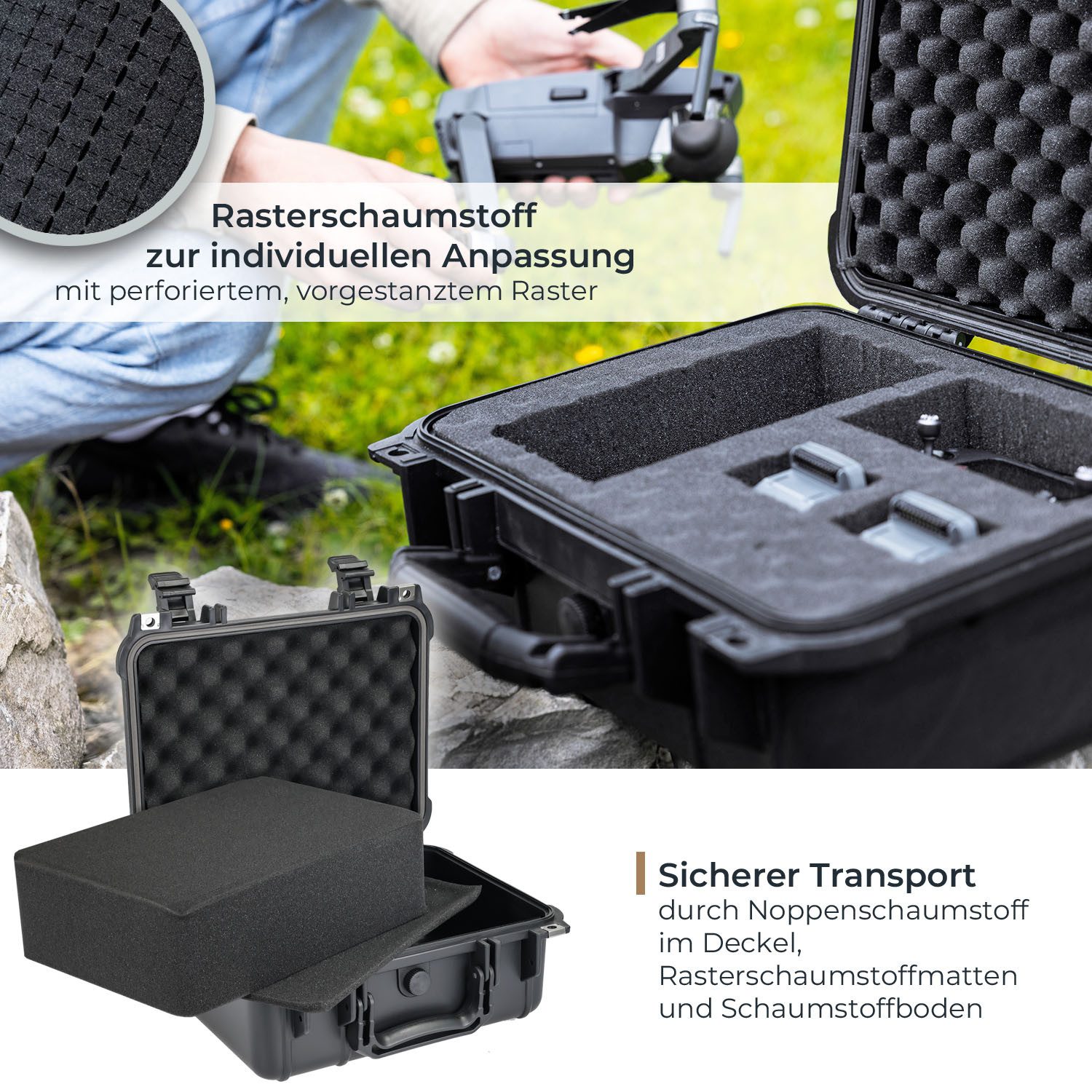 HMF Werkzeugkoffer Robuster Outdoorkoffer mit Druckausgleichsventil und Rasterschaumstoff, Outdoor-Koffer wasserdicht und staubdicht, 34 x 29,5 x15,5 cm, schwarz