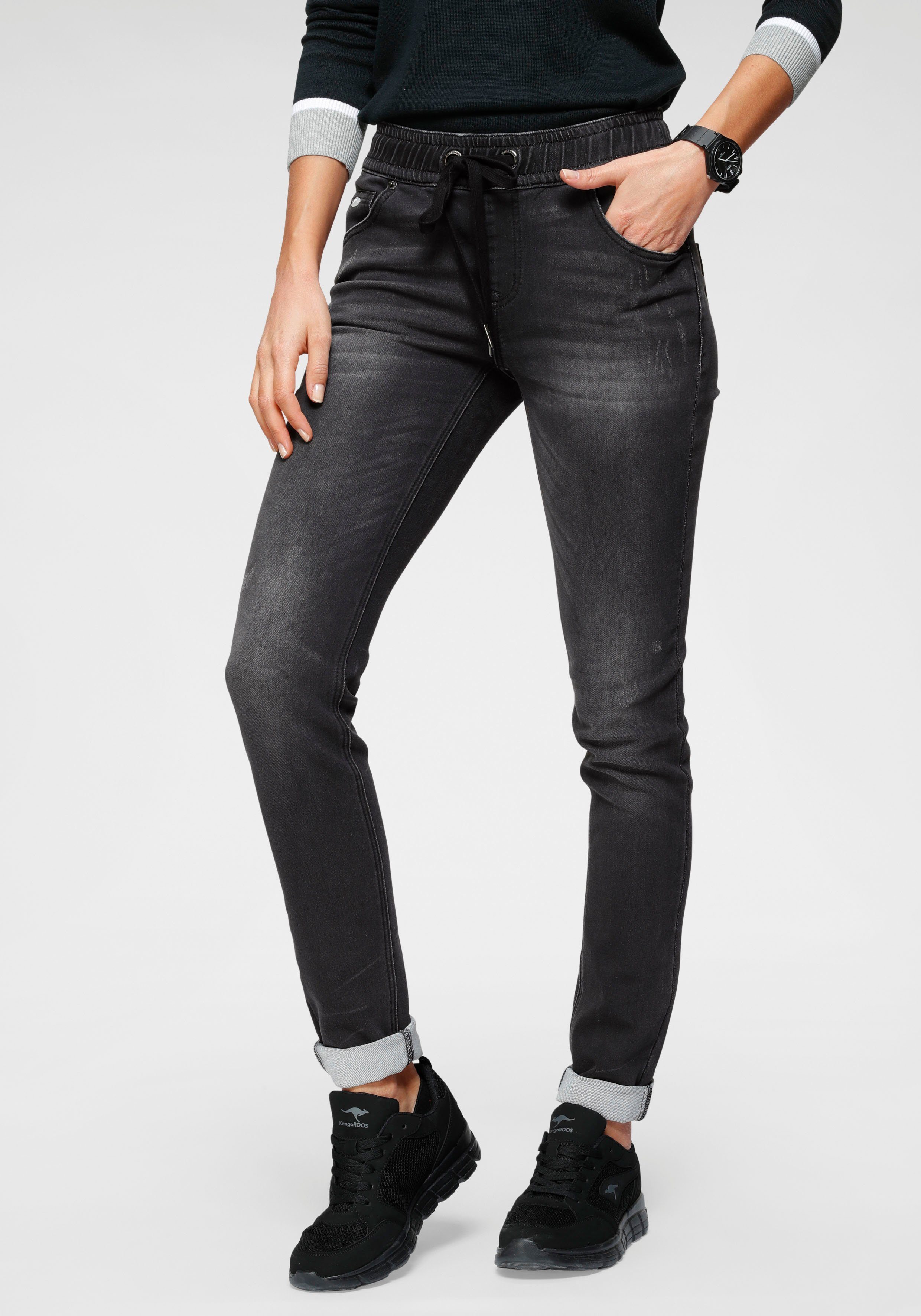 Bündchen black-used mit in Pants KangaROOS elastischem Denim-Optik Jogg