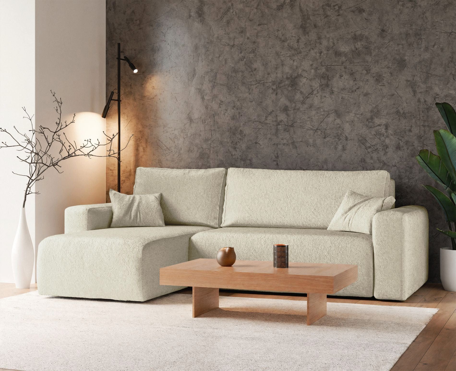 Selsey Ecksofa PIANONI, mit Schlaffunktion, Bettkasten und Bouclé-Bezug