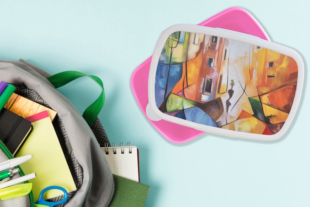 Abstrakt - Mädchen, rosa Kunststoff, Kinder, Erwachsene, Brotdose Brotbox Kunststoff - (2-tlg), - Snackbox, Farben, Lunchbox Malerei Kunst MuchoWow für