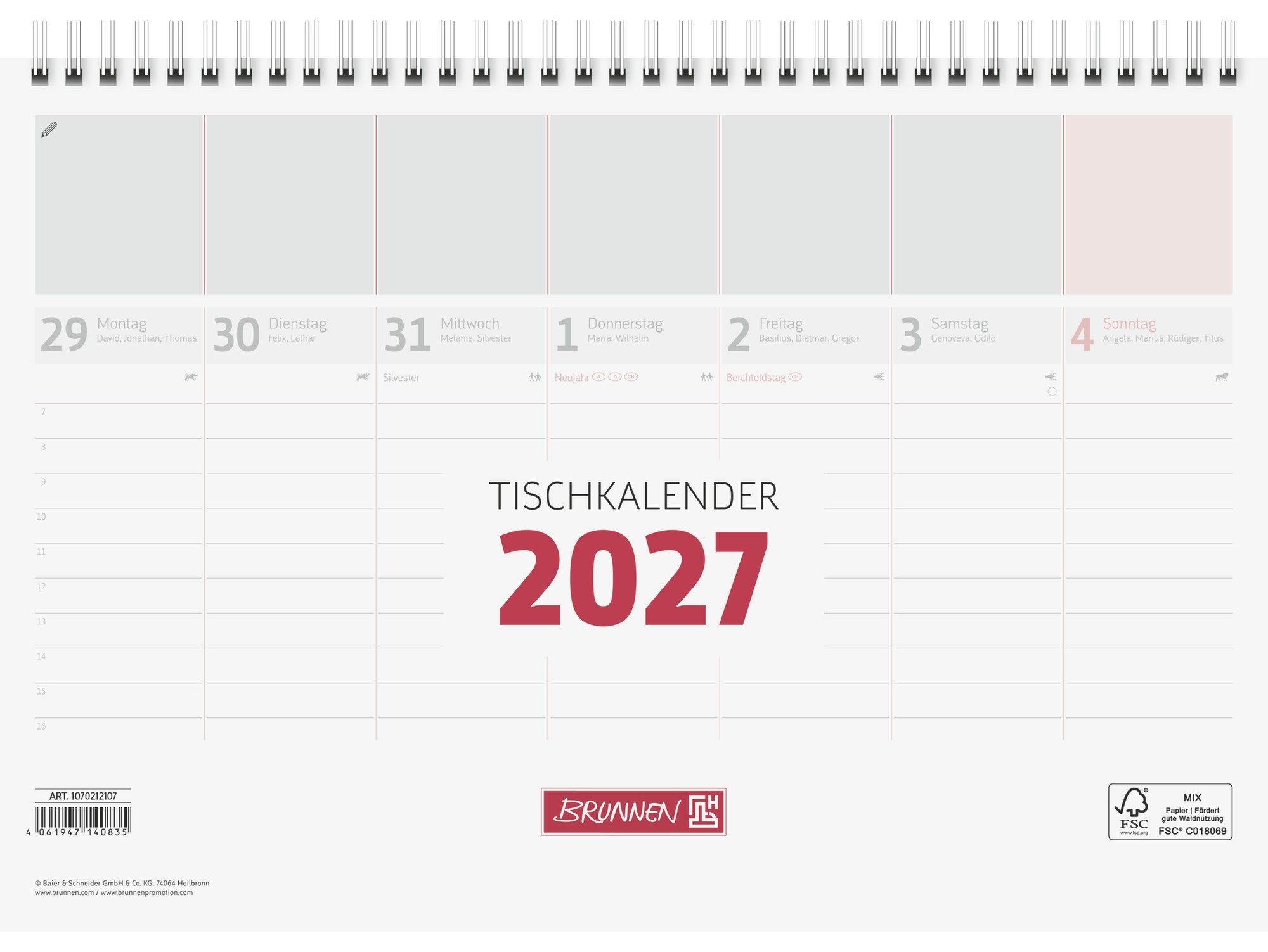 Baier & Schneider Tischkalender Tischkalender 2027 Wochenplaner mit Stundeneinteilung weiß