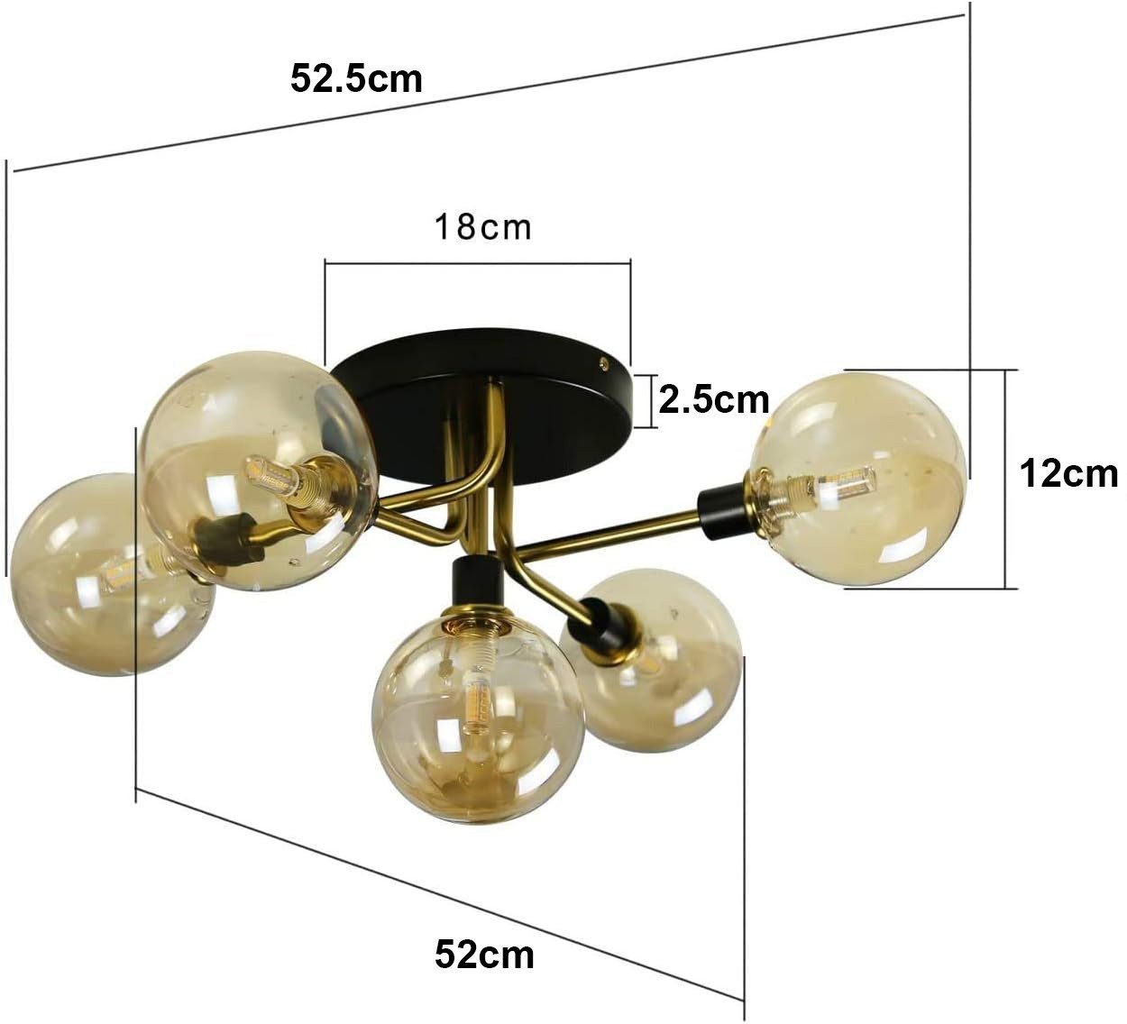 Nettlife LED Deckenleuchte Glas Wohnzimmer 5 Flammig Max.25W Deckenlampe Kugel G9 Fassung 52CM, LED wechselbar, Warmweiße, Glühbirne austauschbar – Bild 4 von 5