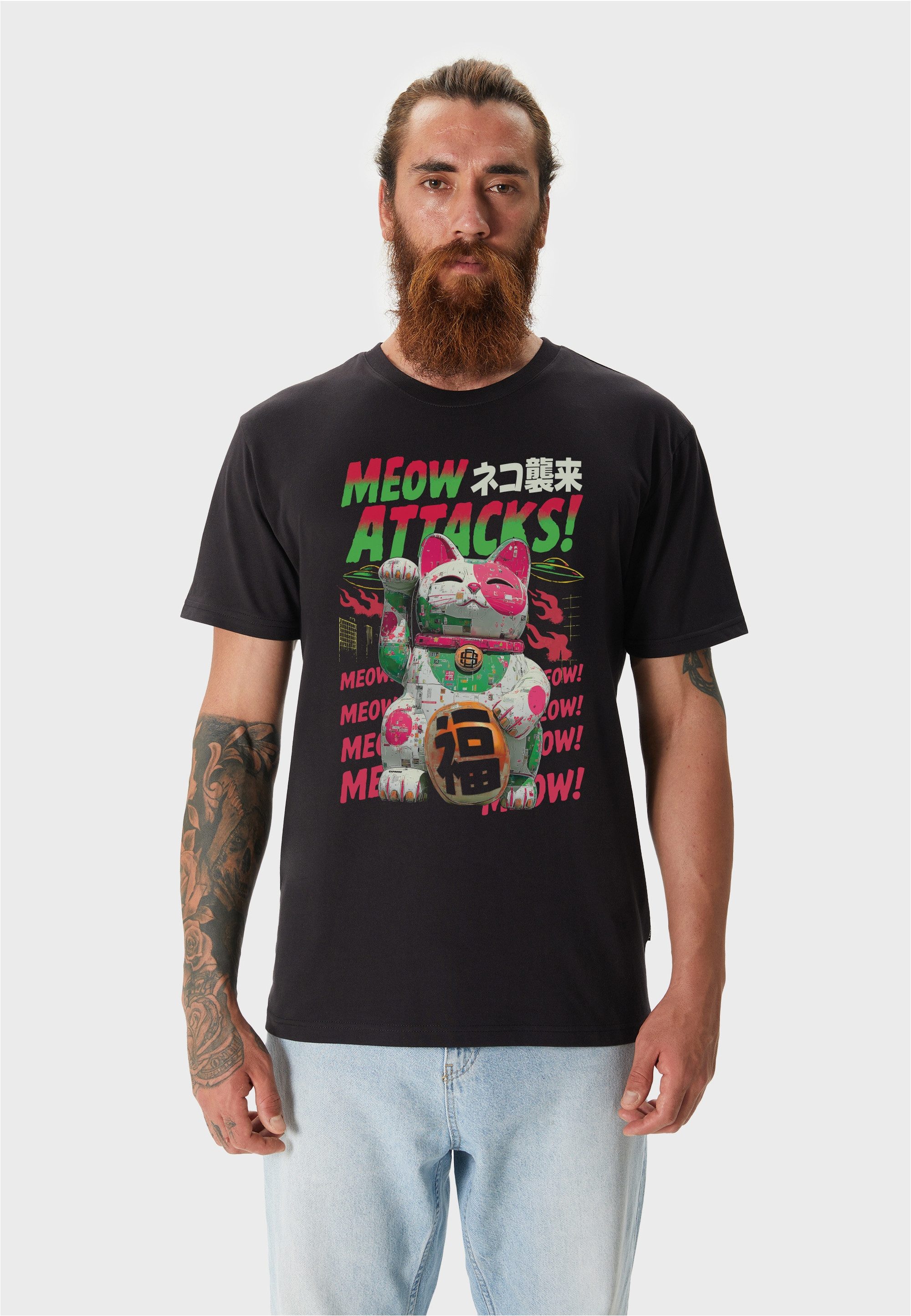 Oldskull T-Shirt Asian Lucky Cat Attack Graphic mit klassischem, fernöstlichem Motiv