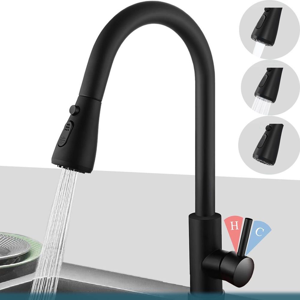 XERSEK Küchenarmatur Ausziehbar Küchenarmatur Edelstahl Messing Wasserhahn Küchen Spültisch (mit 3 Strahlarten,2x Flexible Anschlussschläuche,360° Schwenkbar,Hochdruck Mischbatterie Spültischarmatur Einhebelmischer)