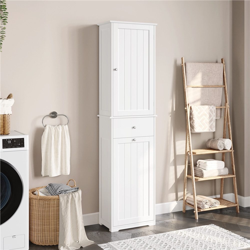 Yaheetech Hochschrank Badezimmerschrank mit Wäschekorb Schmaler Badschrank Badkommode Standregal, Einlegeböden verstellbar