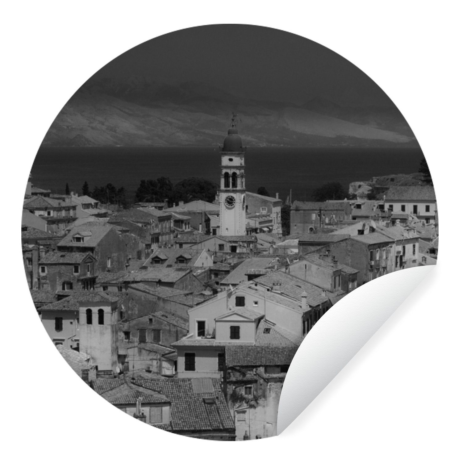 MuchoWow Wandsticker Korfu - Griechenland - Architektur - Schwarz - Weiß (1 St), Tapetenkreis für Kinderzimmer, Tapetenaufkleber, Rund, Wohnzimmer