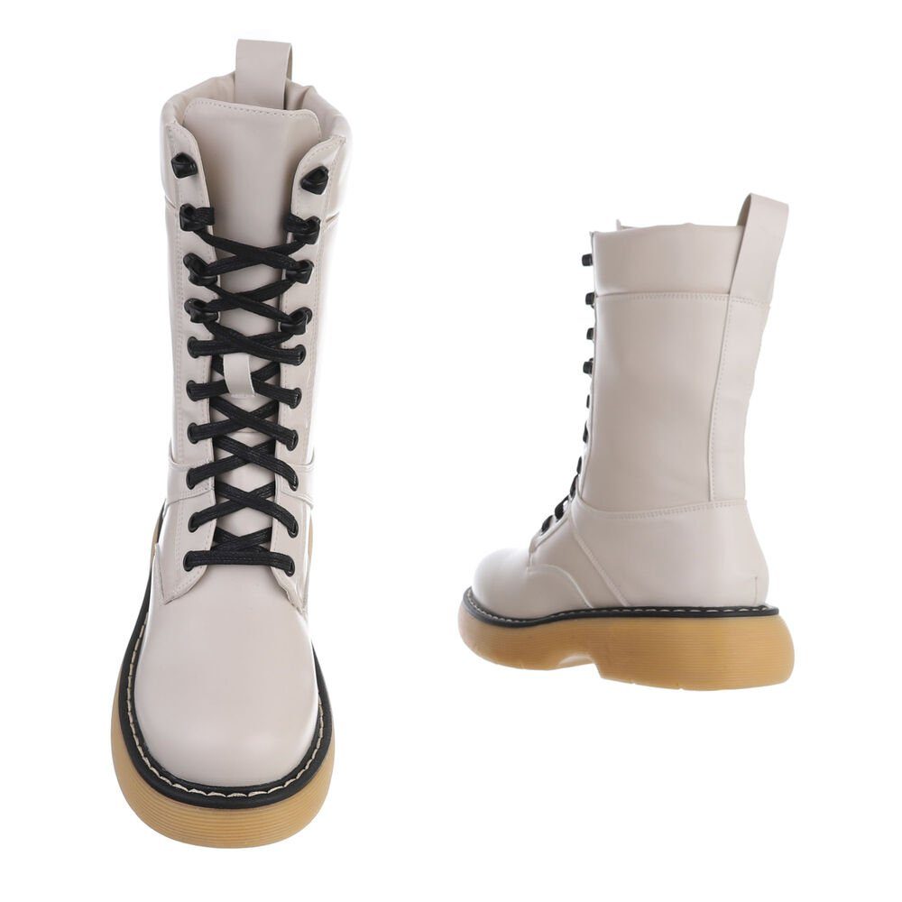 Beige Schnürschuhe in Damen Blockabsatz Plateaustiefeletten Stiefelette Ital-Design Freizeit