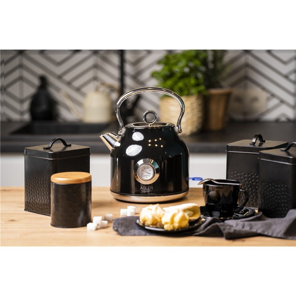 ADLER EUROPE Wasserkocher AD 1346 Retro-Wasserkocher mit Thermometer, 1.7 l, 2200 W, Edelstahl Teekessel, STRIX, Kalkfilter, Temperaturanzeige, schwarz – Bild 2 von 5