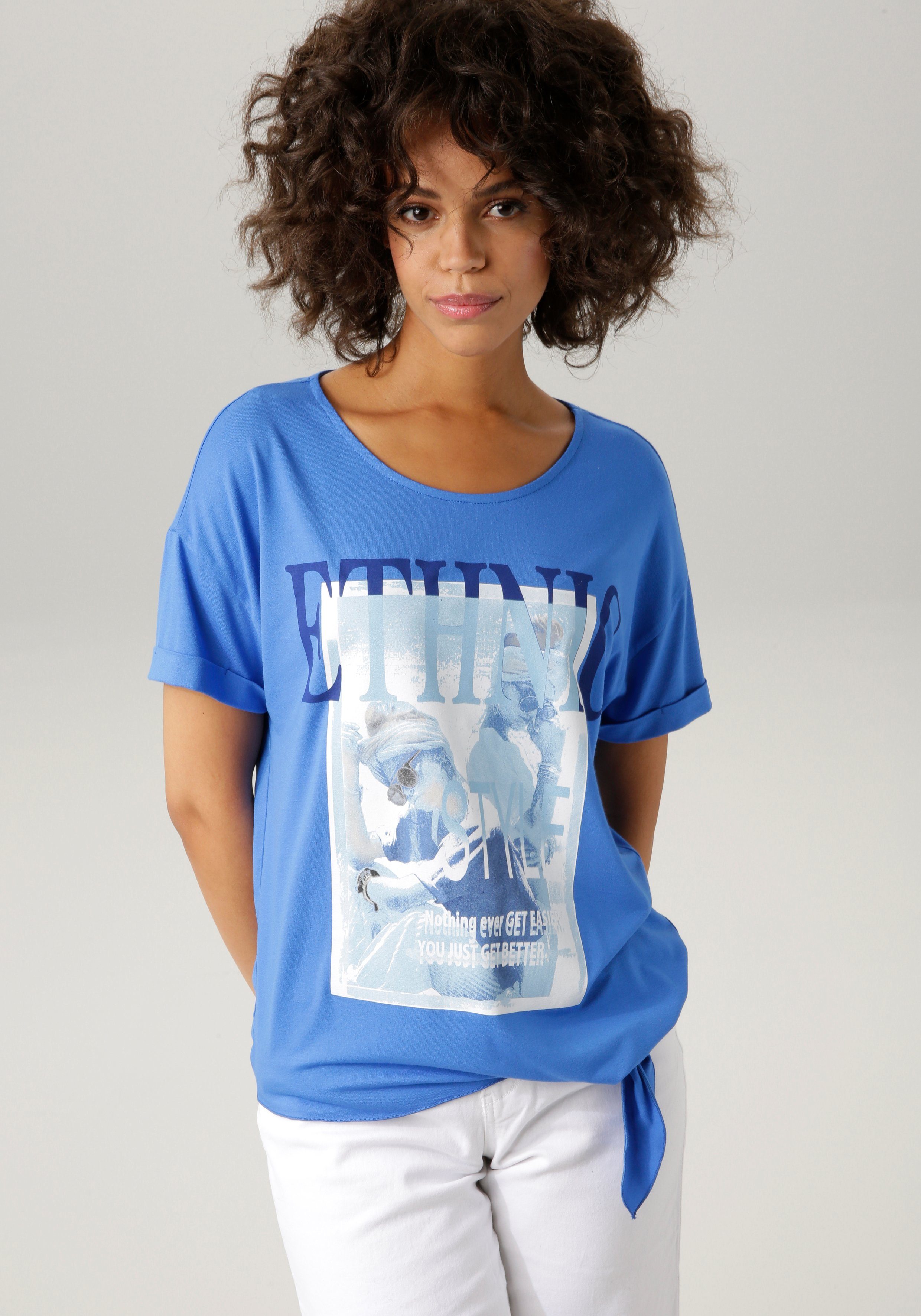 T-Shirt mit "ethnischem" Aniston CASUAL Frontdruck royalblau-marine-wollweiß-hellpetrol-sand-schwarz ausdrucksstarkem