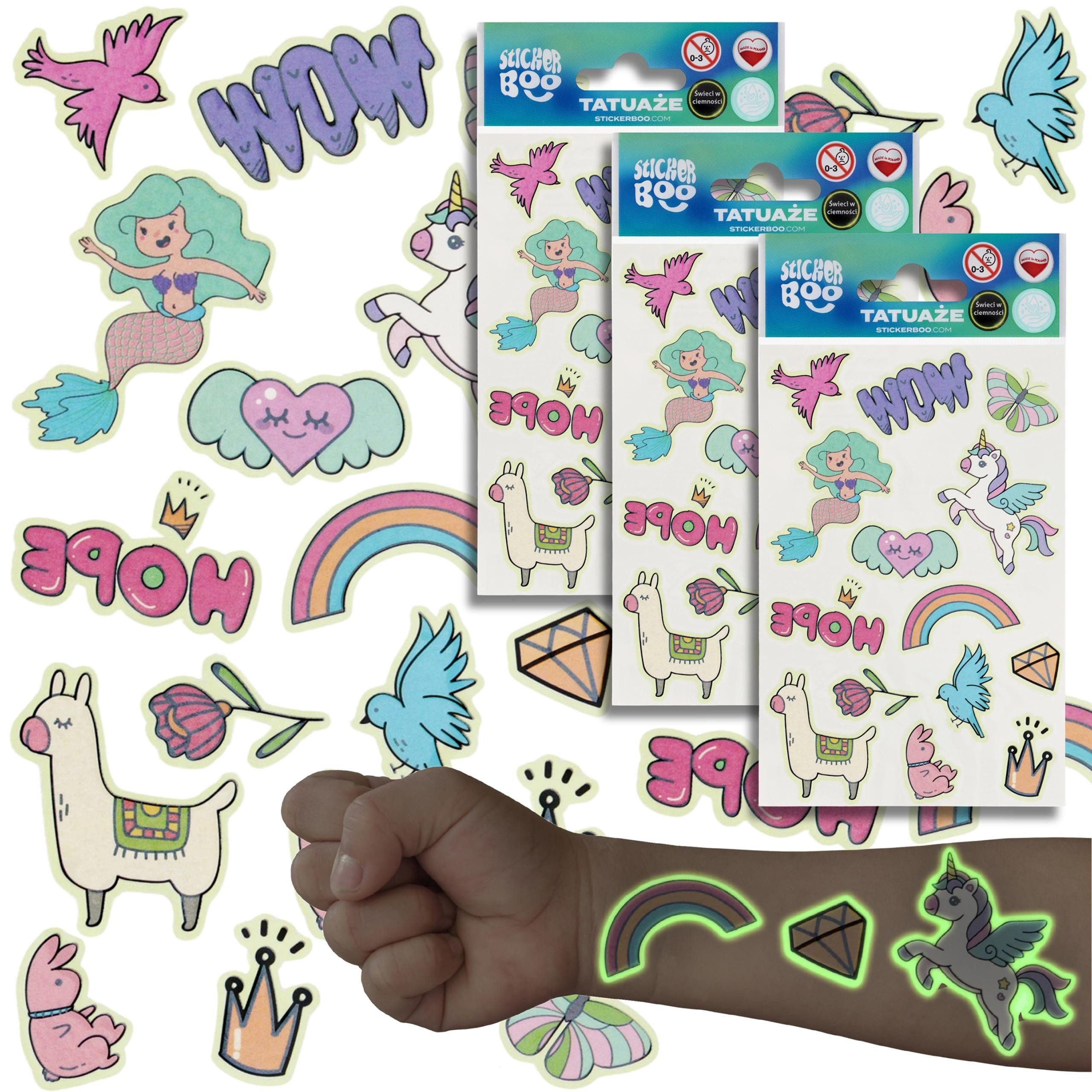 Kindertattoo Kinder Tattoo-Set, abwaschbar, leuchtet im Dunkeln, 3 Blätter