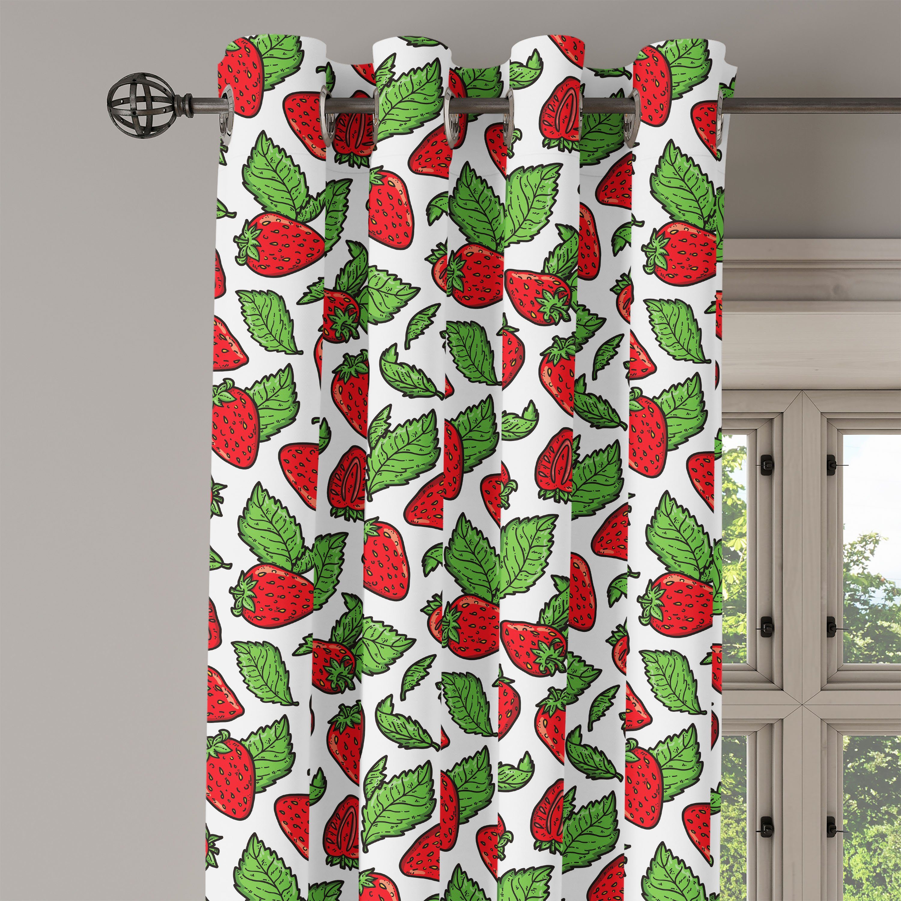 Abakuhaus, Obst Erdbeeren 2-Panel-Fenstervorhänge Gardine Saftige Wohnzimmer, Blätter für Dekorative Schlafzimmer