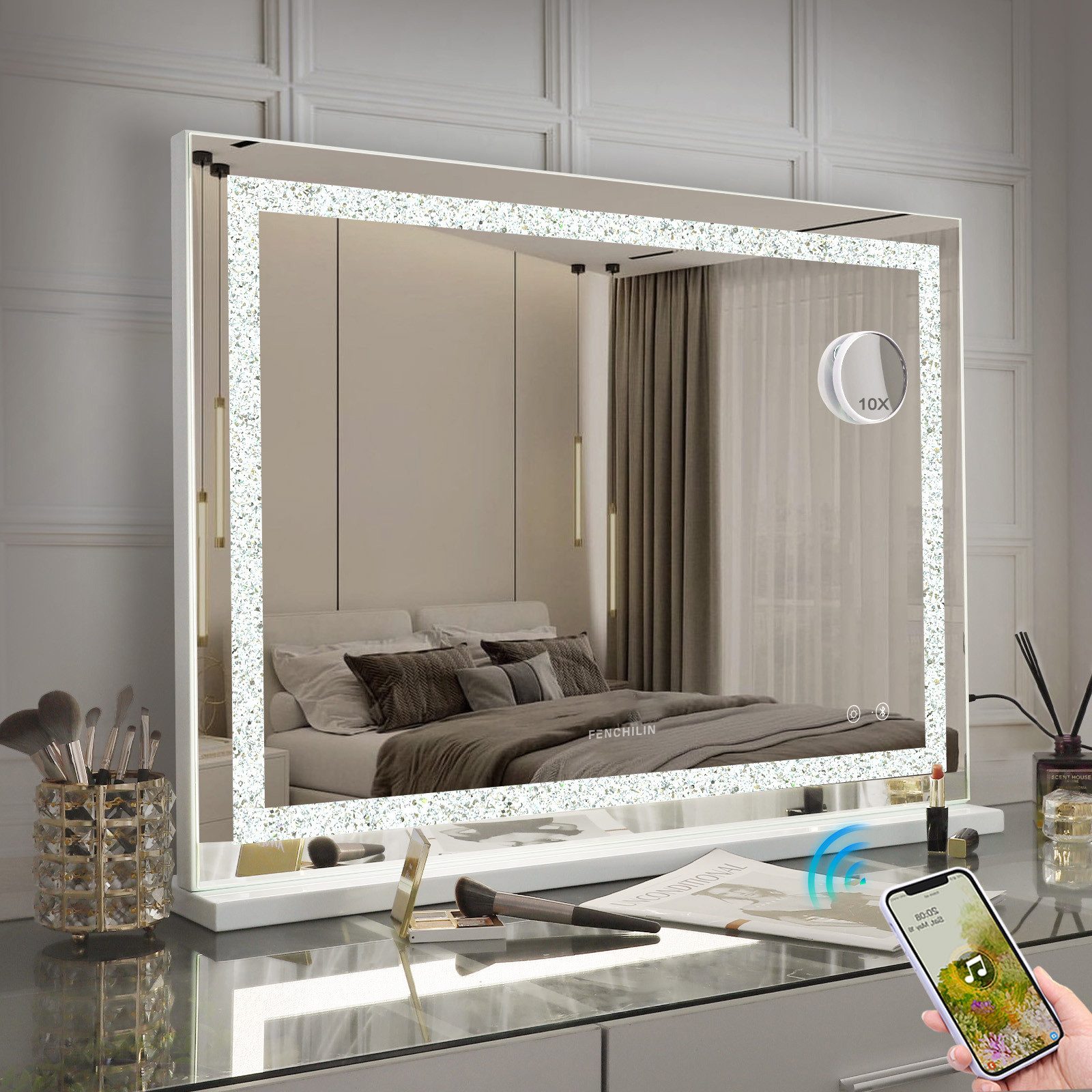 FENCHILIN Schminkspiegel mit LED Lichtleiste gestreute Diamanten weiß 80/58 cm
