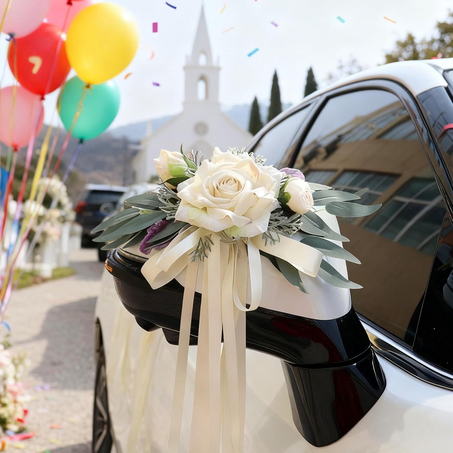 FELIXLEO Dekohänger 2St Hochzeit Autoschmuck Schleifen Künstliche Blumen Rückspiegel Weiß. (1 St)