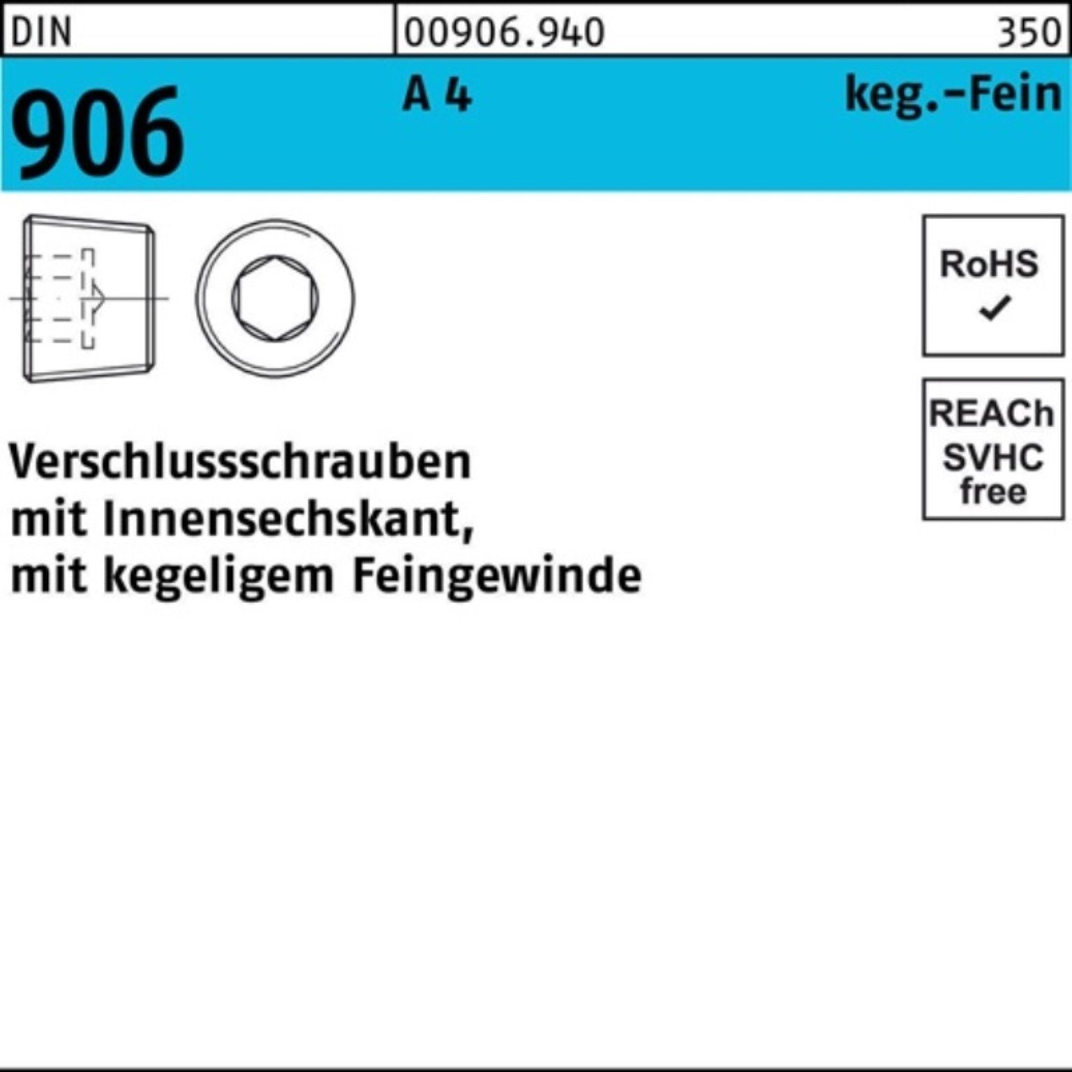 Reyher Schraube 100er Pack Verschlußschraube DIN 906 Innen-6kt M8x 1 A 4 100 Stück D