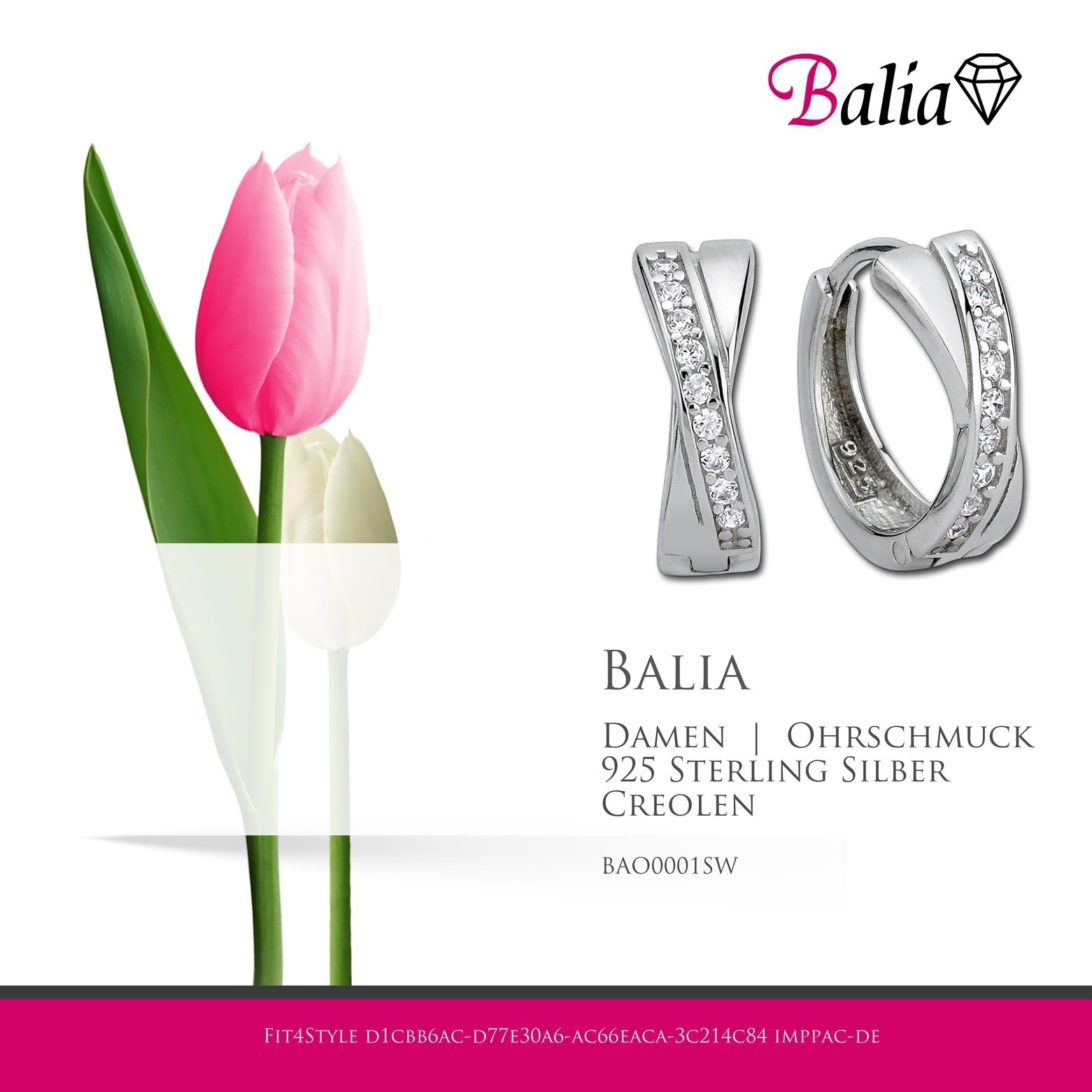 Balia Creolen 925 (Creolen), Creolen für Damen Damen Balia X-Form Farbe: weiß, aus poliert silber Sterling Paar Creolen Silber,