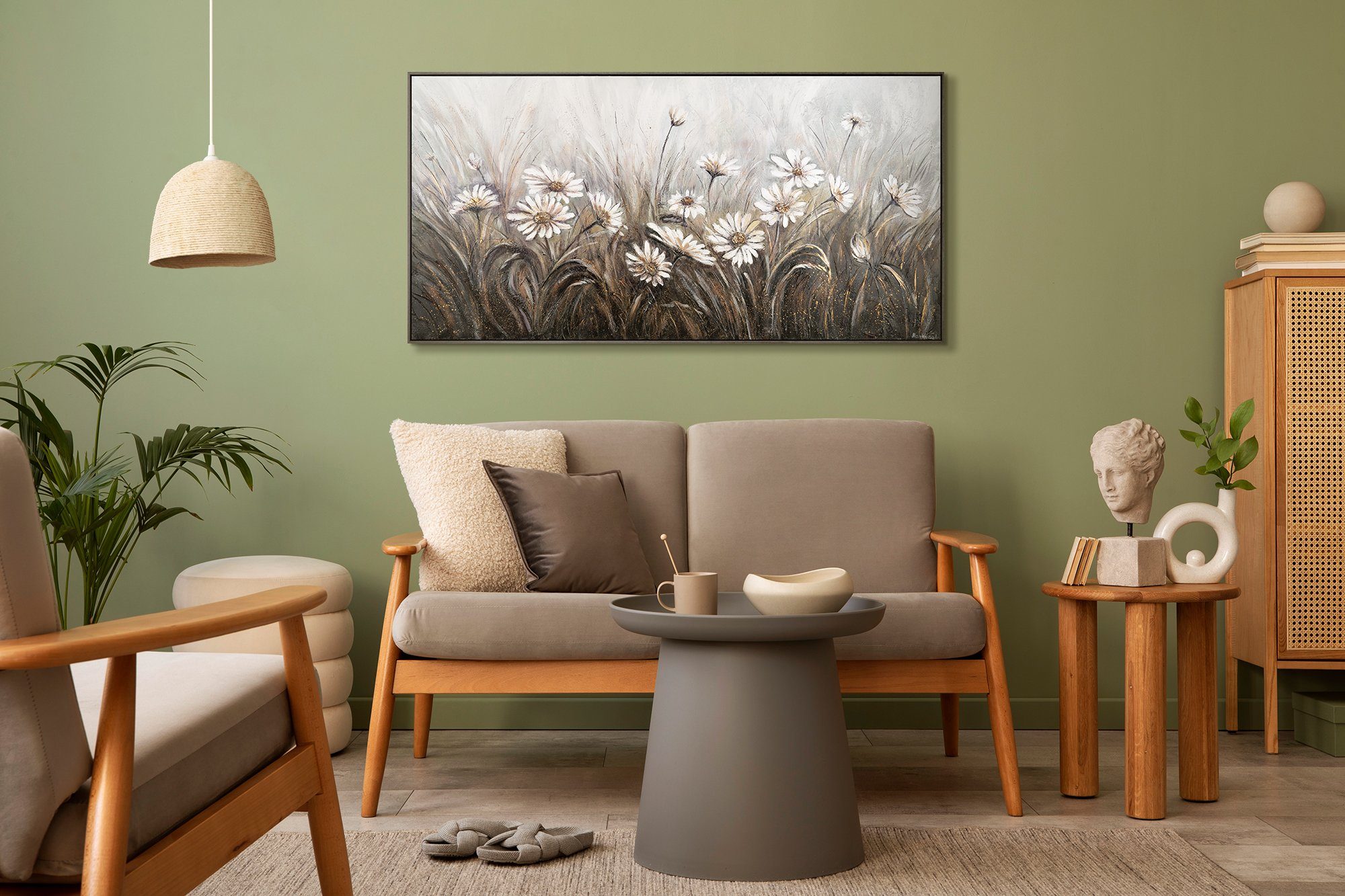 Schwarz Bild Gemälde in Leinwand Blumen Grau Handgemalt Mit Gänseblümchen, Blumen, Weiß Rahmen YS-Art