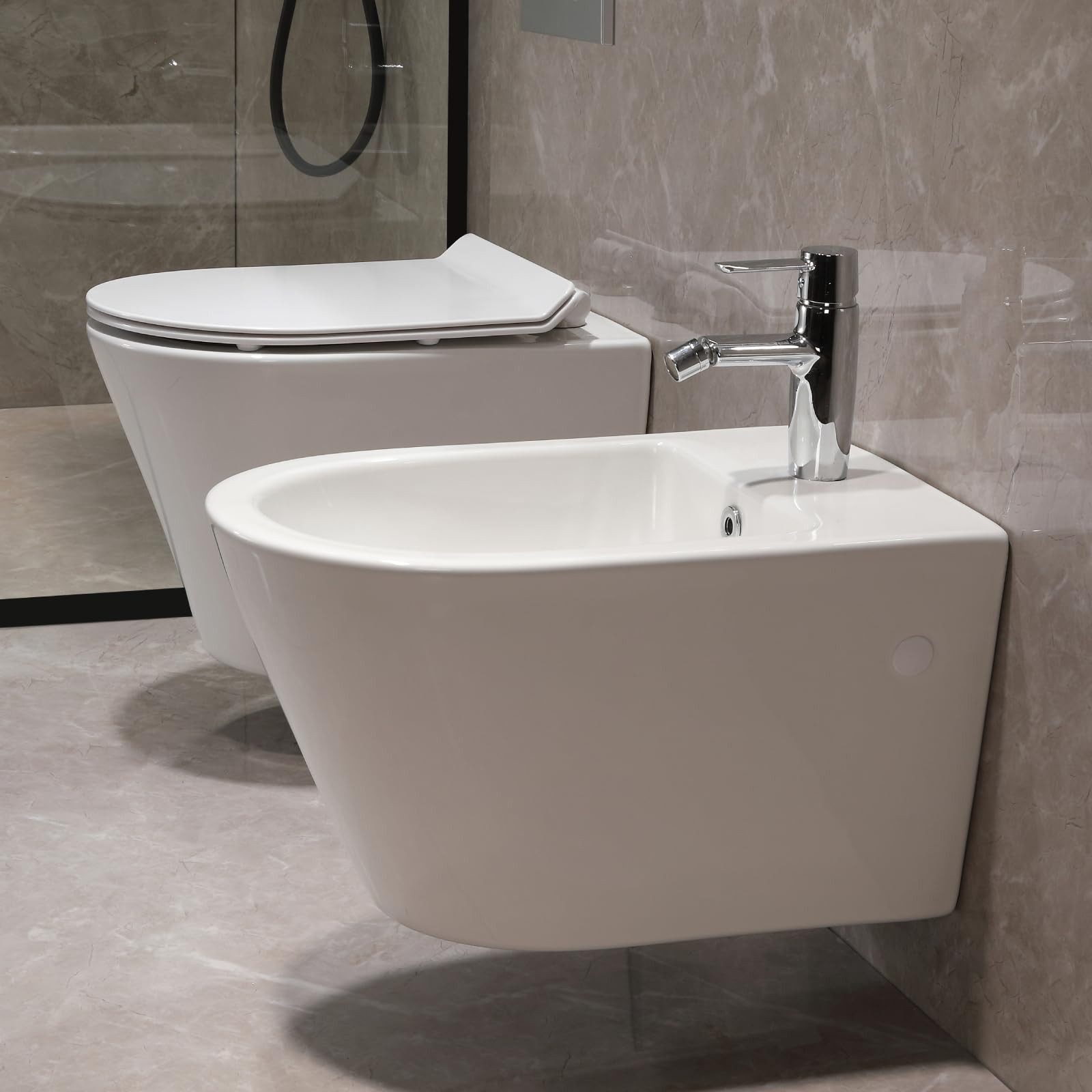 HOROW Bidet Hänge Bidet Komplet Set mit Hänge WC Spülrandlos, wandhängend, WC Sitz mit Absenkautomatik Abgang