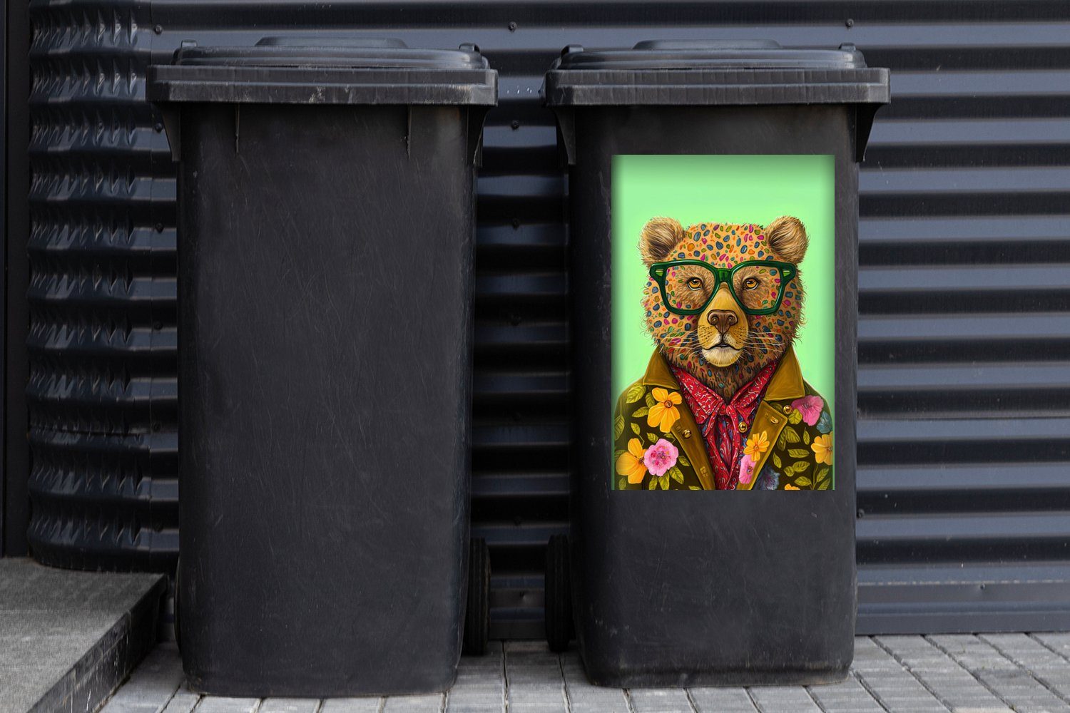 MuchoWow Abfalbehälter Bär Tier St), - Mülltonne, - - Wandsticker Blumen Farben Brillen Sticker, (1 Mülleimer-aufkleber, - Container,