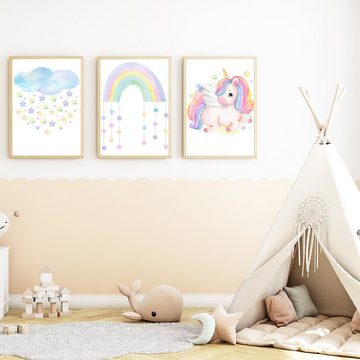 Tigerlino Poster Regenbogen Einhorn Bilder 3er Set Kinderzimmer Babyzimmer Dekoration