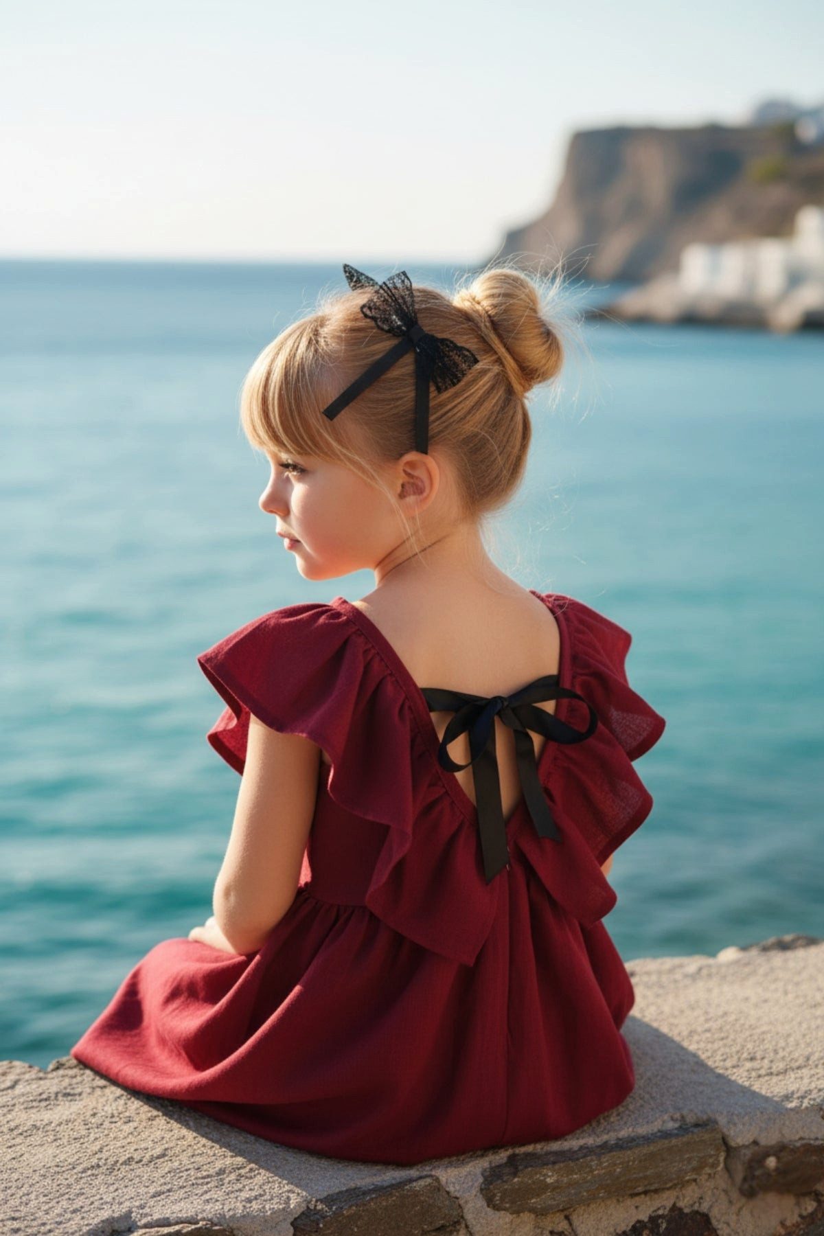 Parla Kids Sommerkleid Bordeaux farbendes Kleid mit Schleife, Rüschen und Haarspangen Glockenrock - Schleifenverschluss - V-Ausschnitt am Rücken