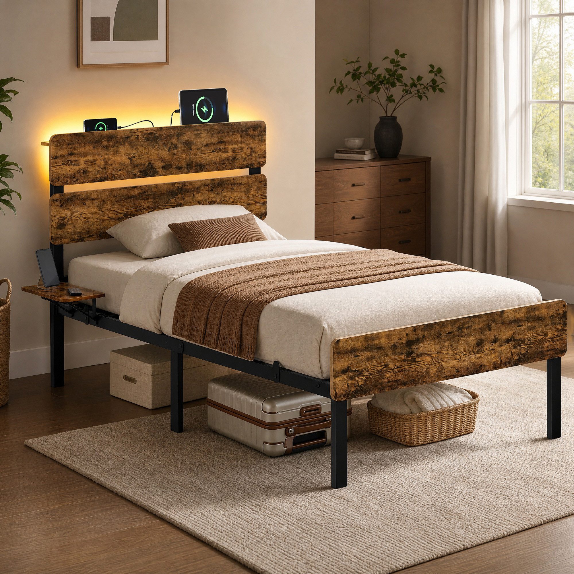 VASAGLE Bettgestell Doppelbettgestell, Unterbettaufbewahrung, einfache Montage, LED-Beleuchtung, USB-A- und USB-C-Anschluss, 90 x 200 cm
