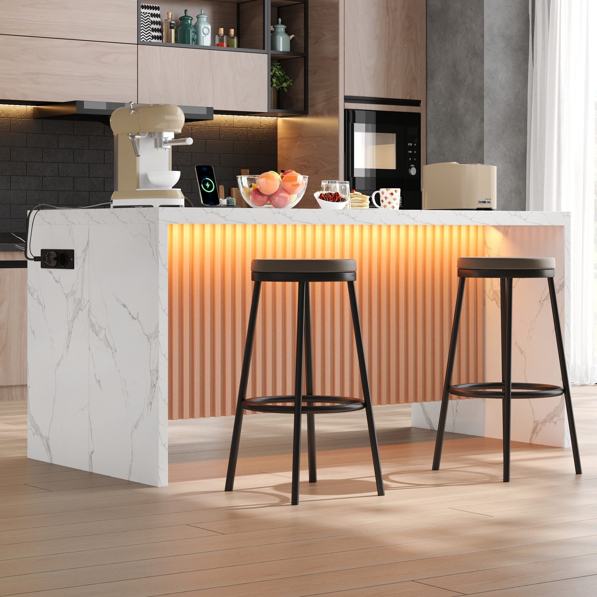 Celya Kücheninsel 155x80x90cm, mit LED-Beleuchtung, 2 Steckdosen und 2 USB, (40mm starke Arbeitsplatte, im Industrie-Design), Hocker nicht im Lieferumfang enthalten