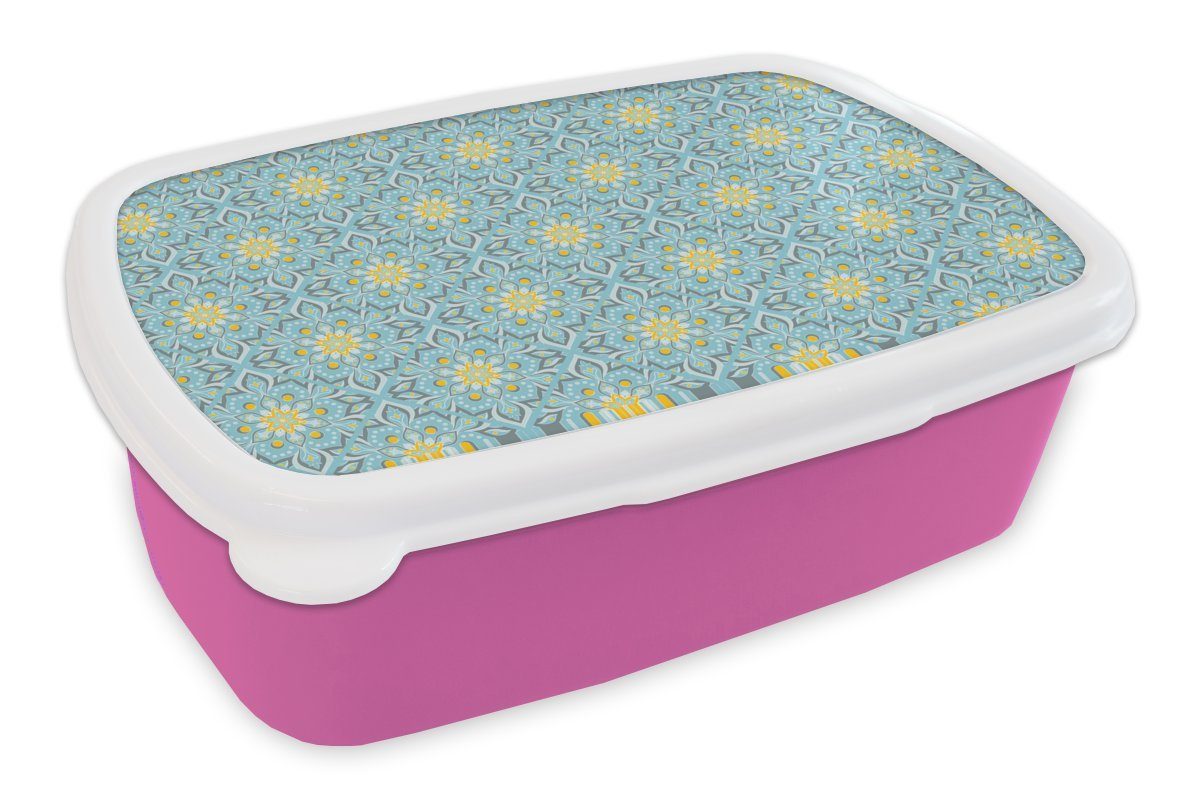MuchoWow Lunchbox Blumen - Boho - Muster - Mandala - Vintage, Kunststoff, (2-tlg), Brotbox für Erwachsene, Brotdose Kinder, Snackbox, Mädchen, Kunststoff rosa