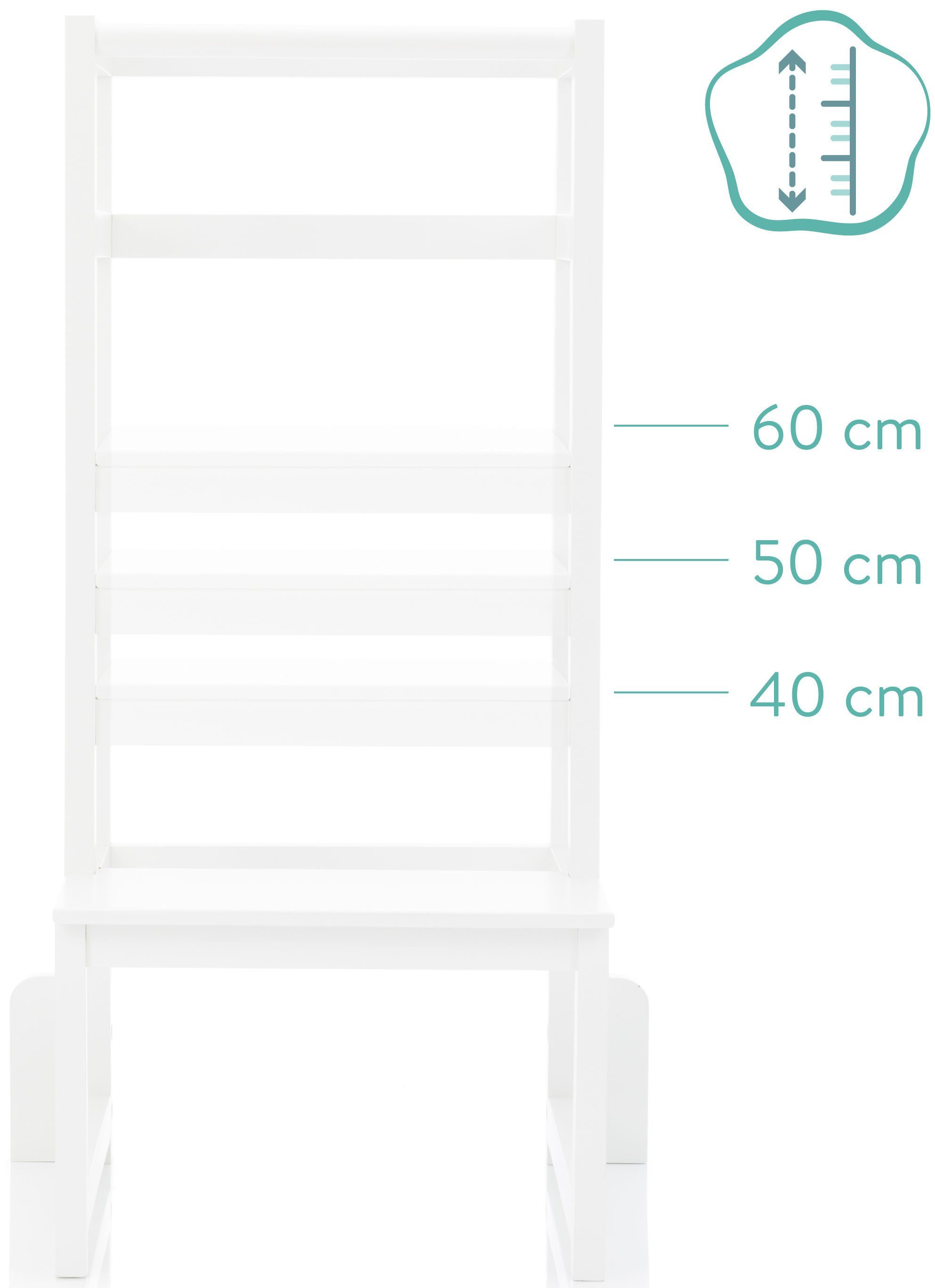Fillikid Stehhilfe Lernturm, weiß, aus Holz, Mitwachsend dank  höhenverstellbarem Stand- und Fußbrett (40/50/60 cm)