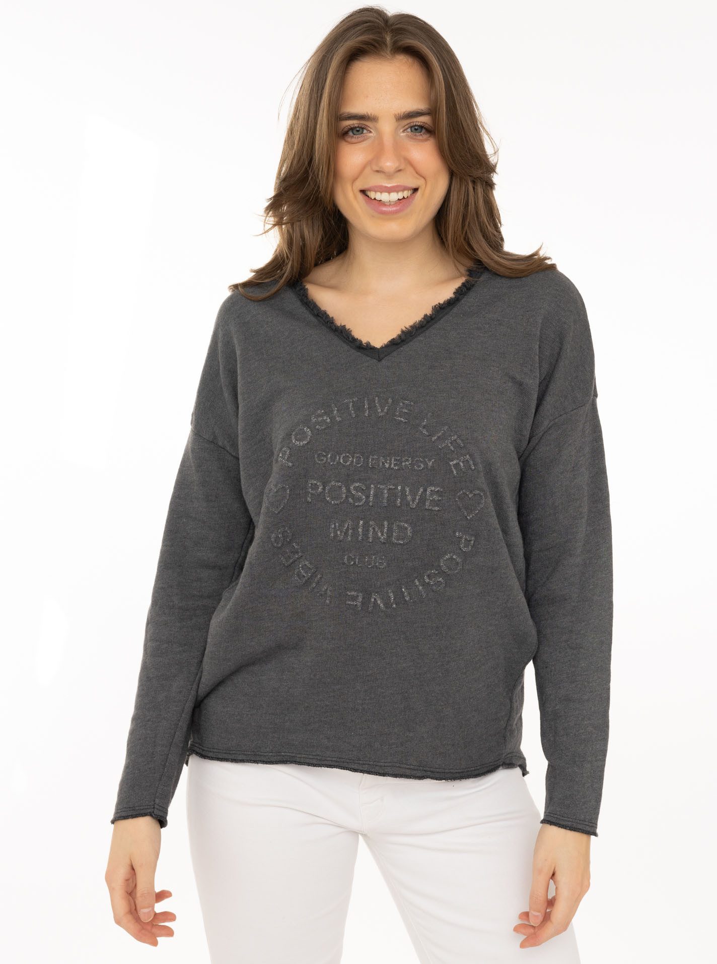 Zwillingsherz Sweatshirt "Positive Mind" ausgefranster V-Ausschnitt, Used L günstig online kaufen