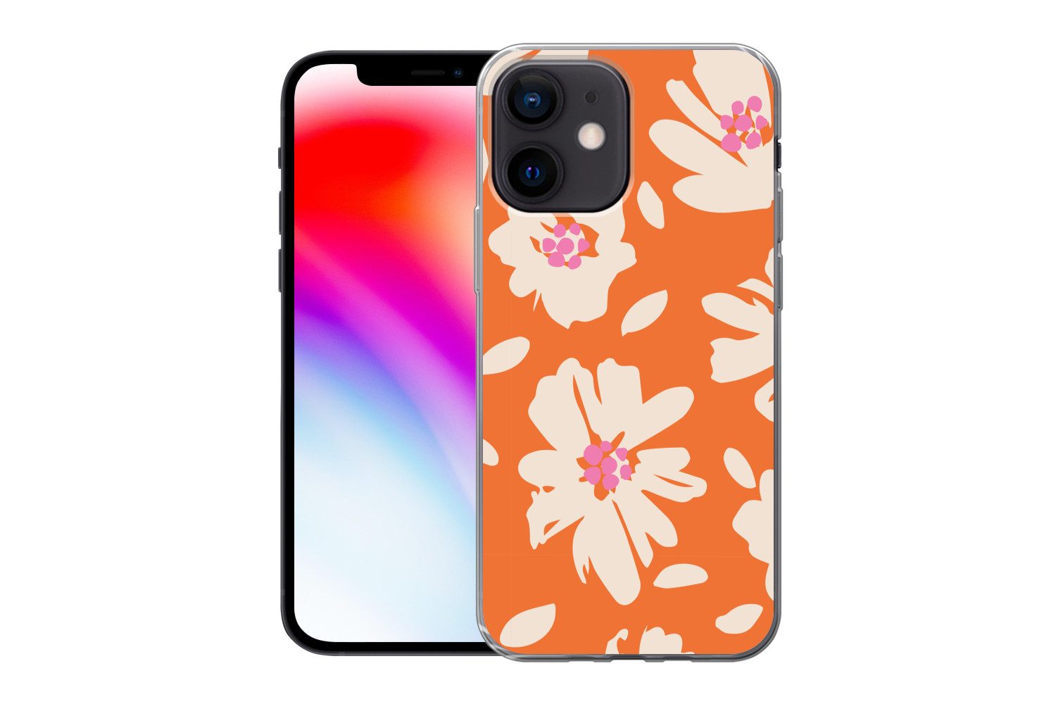 MuchoWow Handyhülle für Apple iPhone 12 mini Blumen - Orange - Beige - Rosa - Abstrakt, Smartphone-Bumper, Print, Handy Schutzhülle Dünn