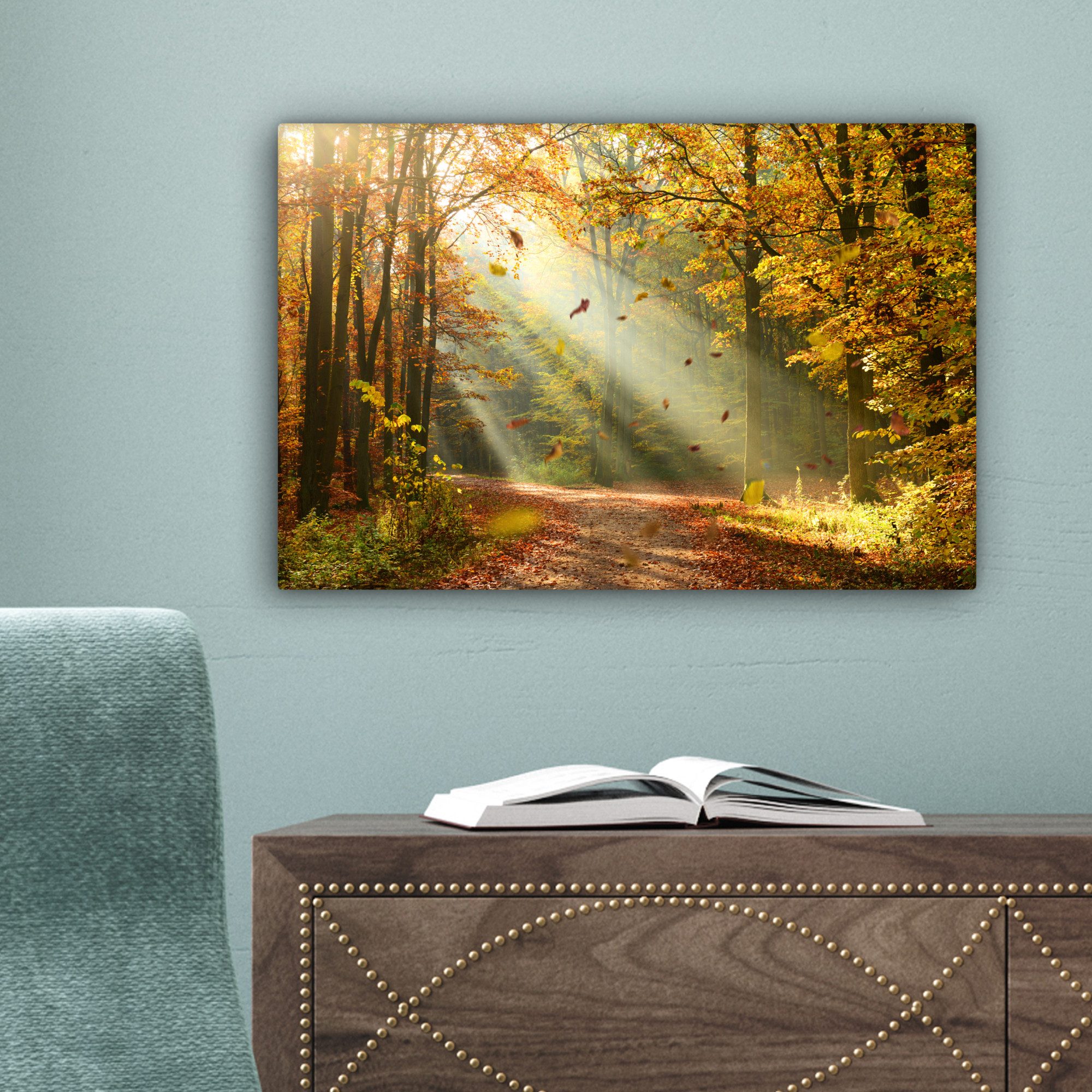 OneMillionCanvasses® Leinwandbild Wald - Bäume - Herbst - Sonne - Herbstblätter - Natur - Fensterblick, Fotodruck (1 St), Leinwand Bilder Klein, Wand Dekoration – Bild 3 von 5