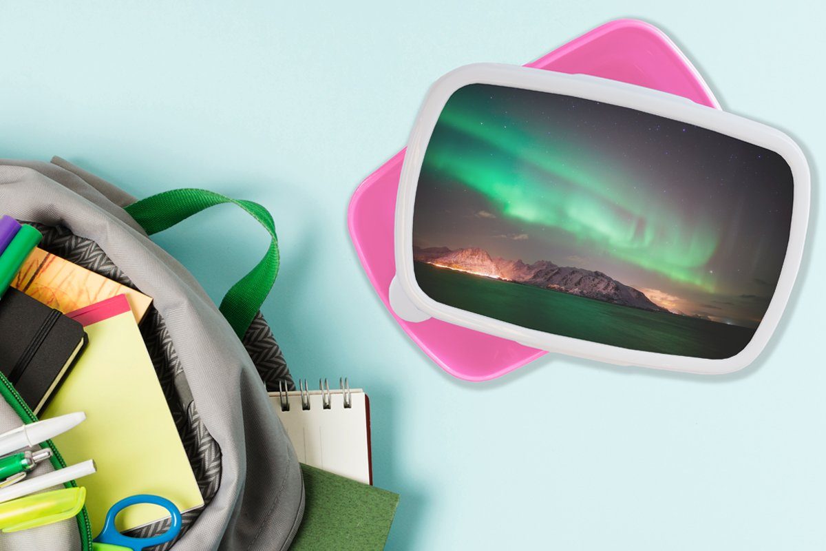 Lunchbox Erwachsene, Kinder, Brotbox Kunststoff, Grün rosa - Nordlichter Brotdose - Insel Snackbox, Kunststoff - für MuchoWow Mädchen, Norwegen, (2-tlg),