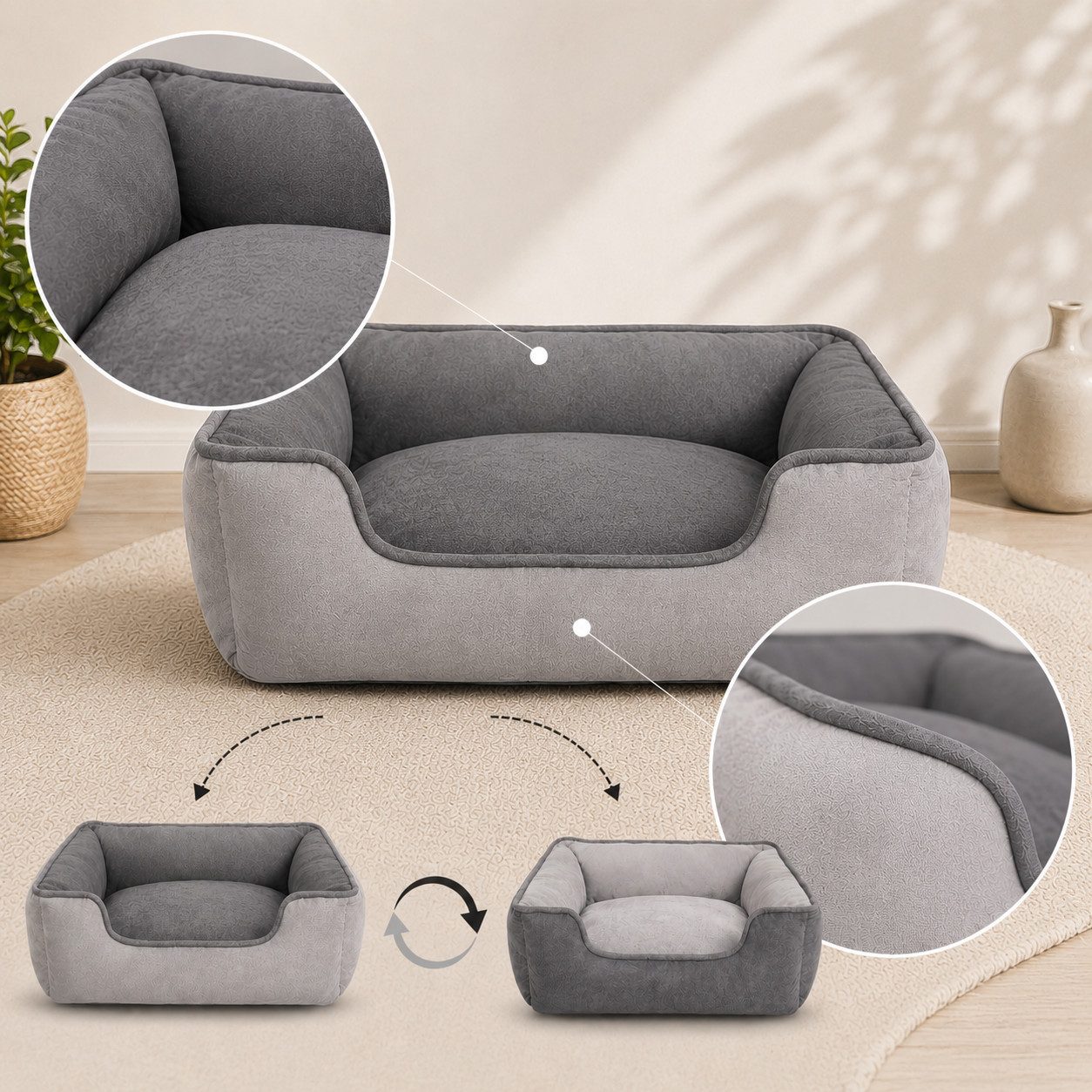 belviona Tierkissen für Katzen, Katzenbett Wildlederimitat, 60x50 cm, hellgrau/dunkelgrau, Wildlederimitat, Katzenkörbchen wendbar, mit 2-in-1 Funktion – Bild 3 von 5