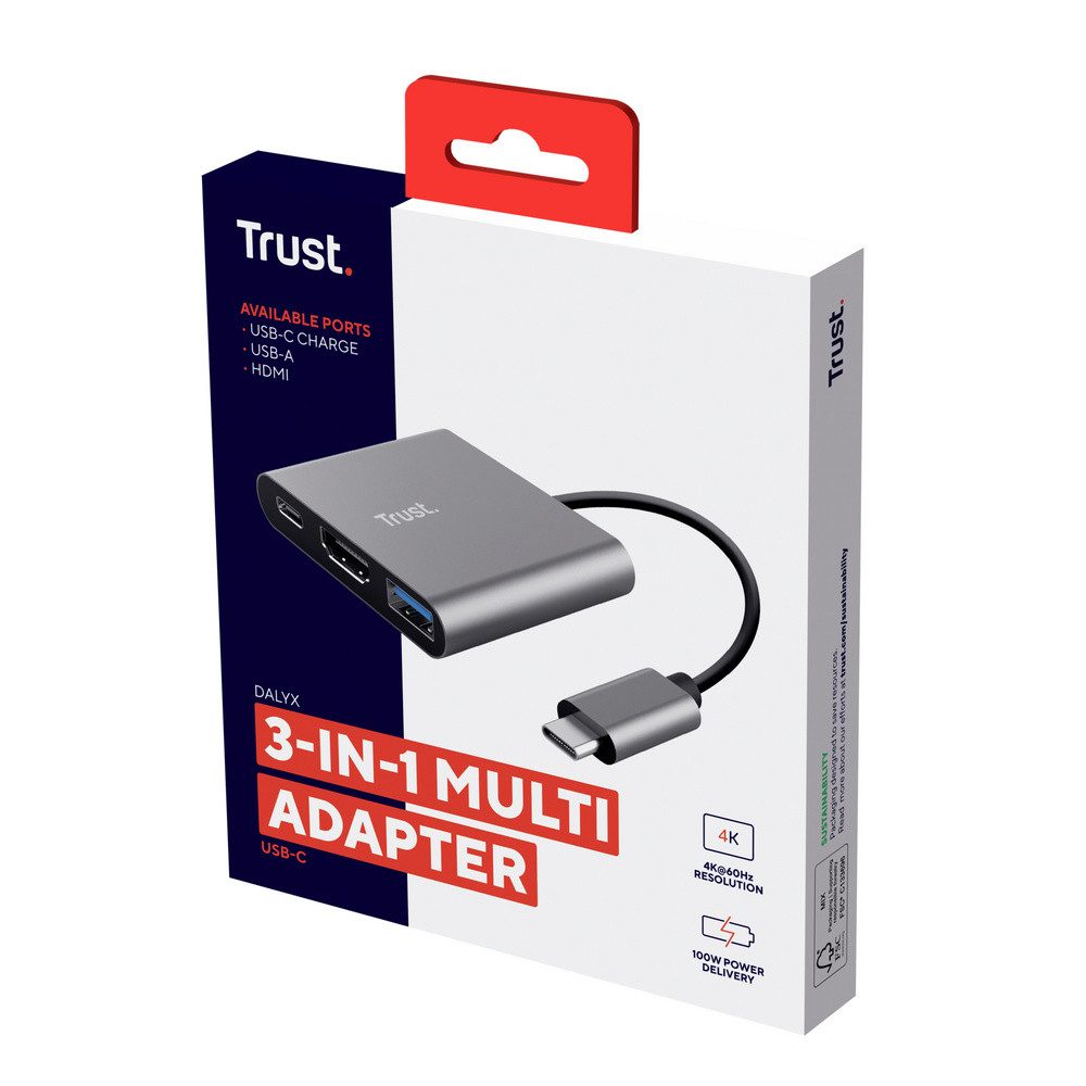 Trust Laptop-Dockingstation Trust USB-C® Dockingstation DALYX 3-IN-1 USB-C ADAPTER Passend für Ma