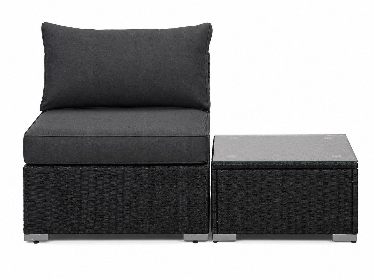 MeXo Gartenlounge-Set modulares Poly-Rattan Lounge-Set, (Lounge-Sitzmodul mit Glas-Beistelltisch, 10 cm Polster, Balkonmöbel wetterfest, UV-beständig), kleines Gartenmöbel-Set für Balkon & Terrasse