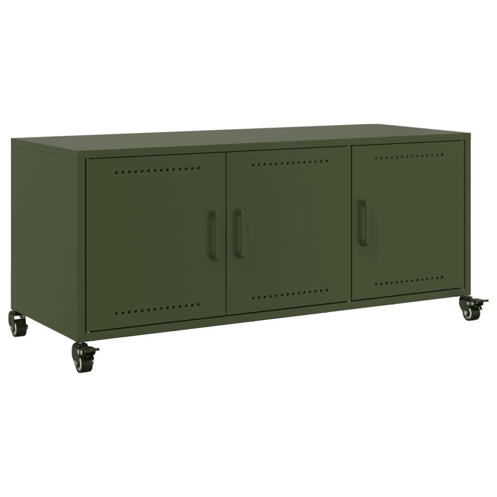 furnicato TV-Schrank Olivgrün 100,5 x 39 x 43,5 cm aus Kaltgewalztem Stahl (1-St) Stabiler Medienschrank mit 3 Türen, Rollen und viel Stauraum