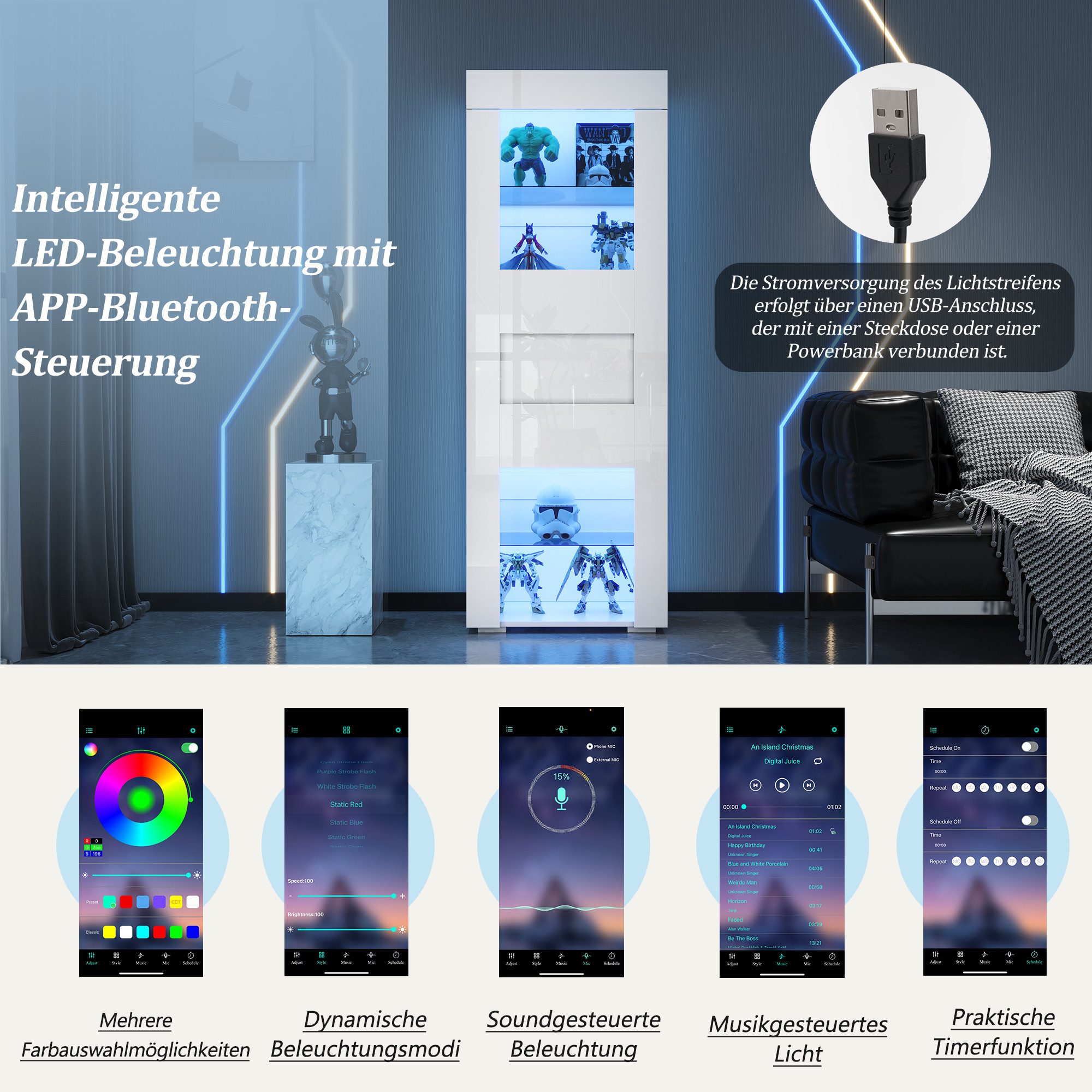 Merax Standvitrine Hochglanz schmal Glasvitrine mit LED inkl.APP (1-St., Wohnzimmerschrank Hochschrank Standregal Schrank Vitrinenschrank) Vitrine mit Acryl-Tür – Bild 4 von 5