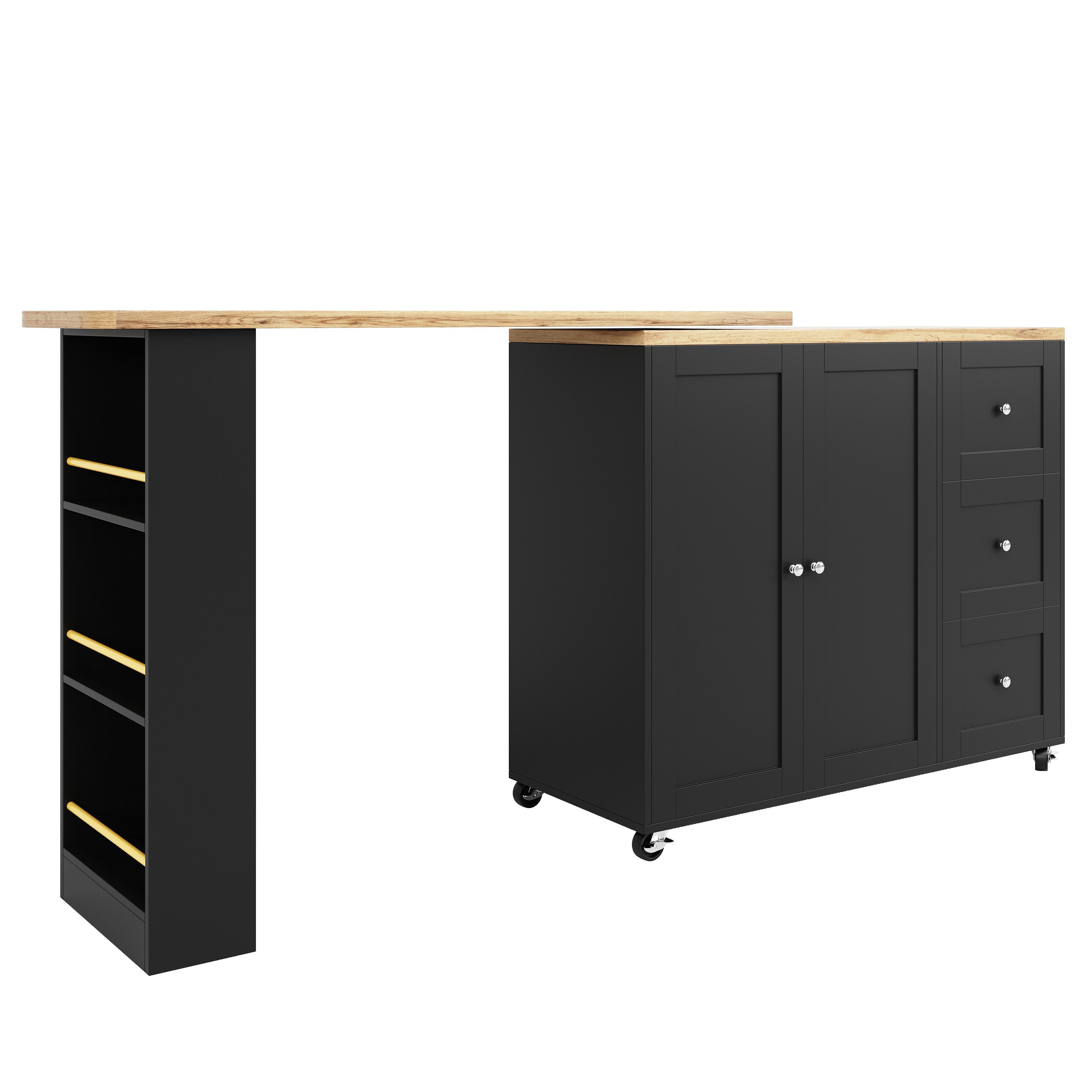 Flieks Bartisch 360° drehbar Esstisch mit Sideboard (138–209x39x106 cm) (Set, 1-St., mit Rollen und Snackregal), ausziehbar Stehtisch mit 2 Türen und 3 Schubladen Kommode Bistrotisch
